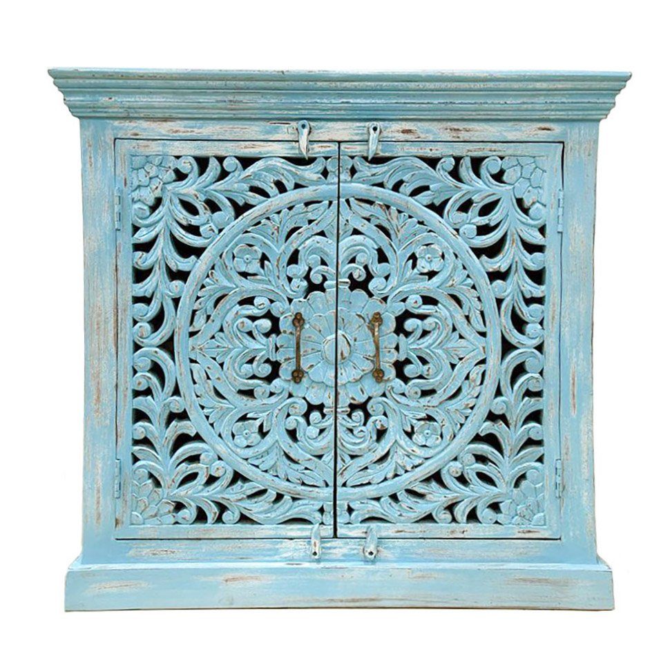 Oriental Galerie Unterschrank Blaues Sideboard Benisha Indien Blau 90 cm Handarbeit