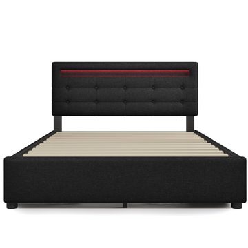 BlingBin Polsterbett Doppelbett Höhenverstellbarem Kopfteil 140x200cm Schwarz (mit LED-Beleuchtung und 4 Schubladen), Gesamtabmessung 208x150x93.5-103 cm