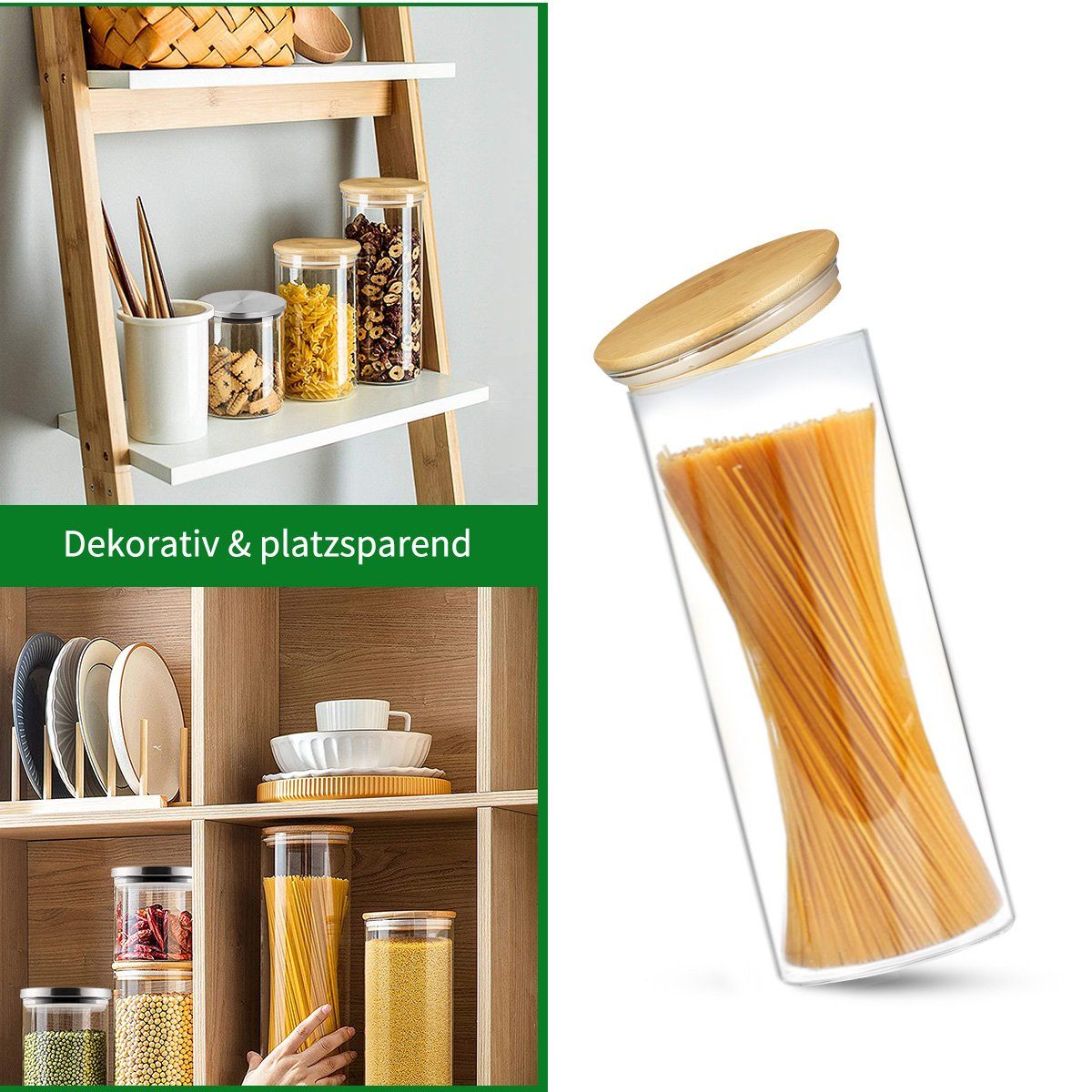 MULISOFT Vorratsglas, Borosilikatglas, Deckel (6-tlg), Bambus Vorratsdosen mit Glas