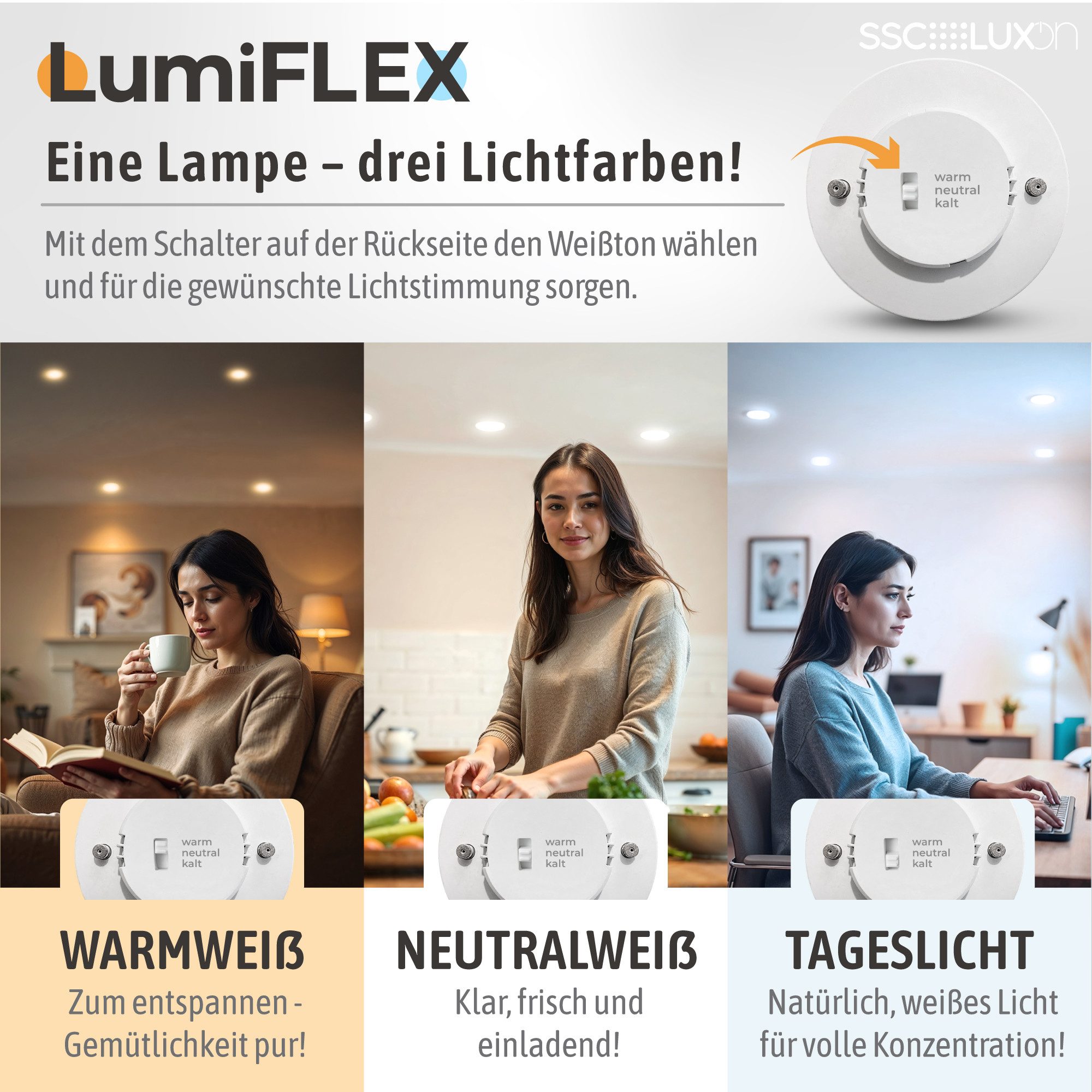 SSC-LUXon LED Einbaustrahler RX-3 LED Einbaustrahler Alu mit GX53 LED dimmbar 6W 3 Lichtfarben Spot, Tageslichtweiß, Warmweiß, Neutralweiß