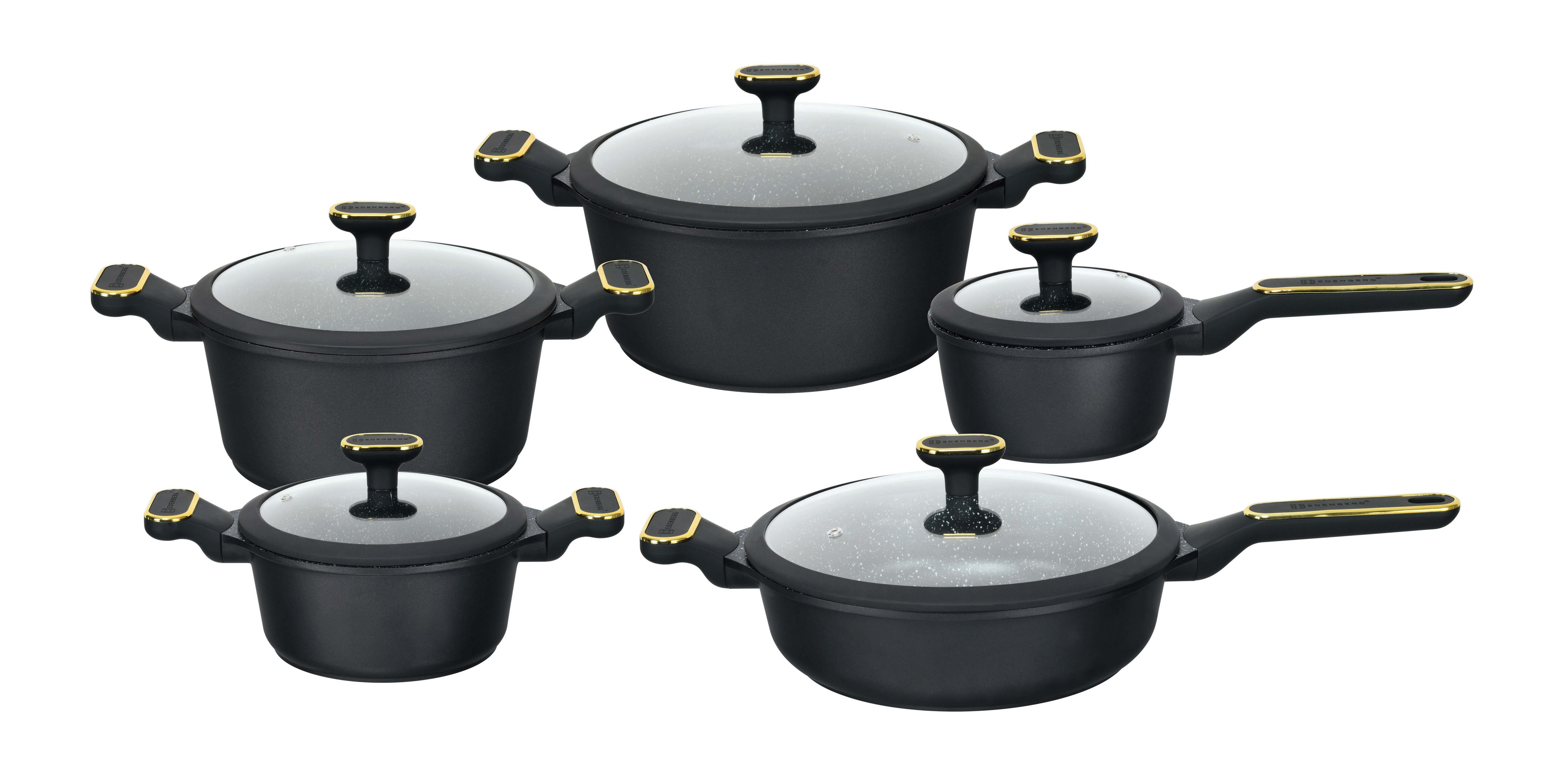 Edenberg Topf-Set 10 tlg Schwarzes Topfset, Matt, Pfanne, Кастрюли для запеканки, Glasdeckel, Aluminium, Keramik (Entdecken Sie Kochkomfort auf höchstem Niveau – mit diesem stilvollen und vielseitigen Topfset wird jedes Gericht zum Genuss!, 10-tlg., Zeitloses Design des Наборы кастрюль. Eine ideale Geschenkidee)