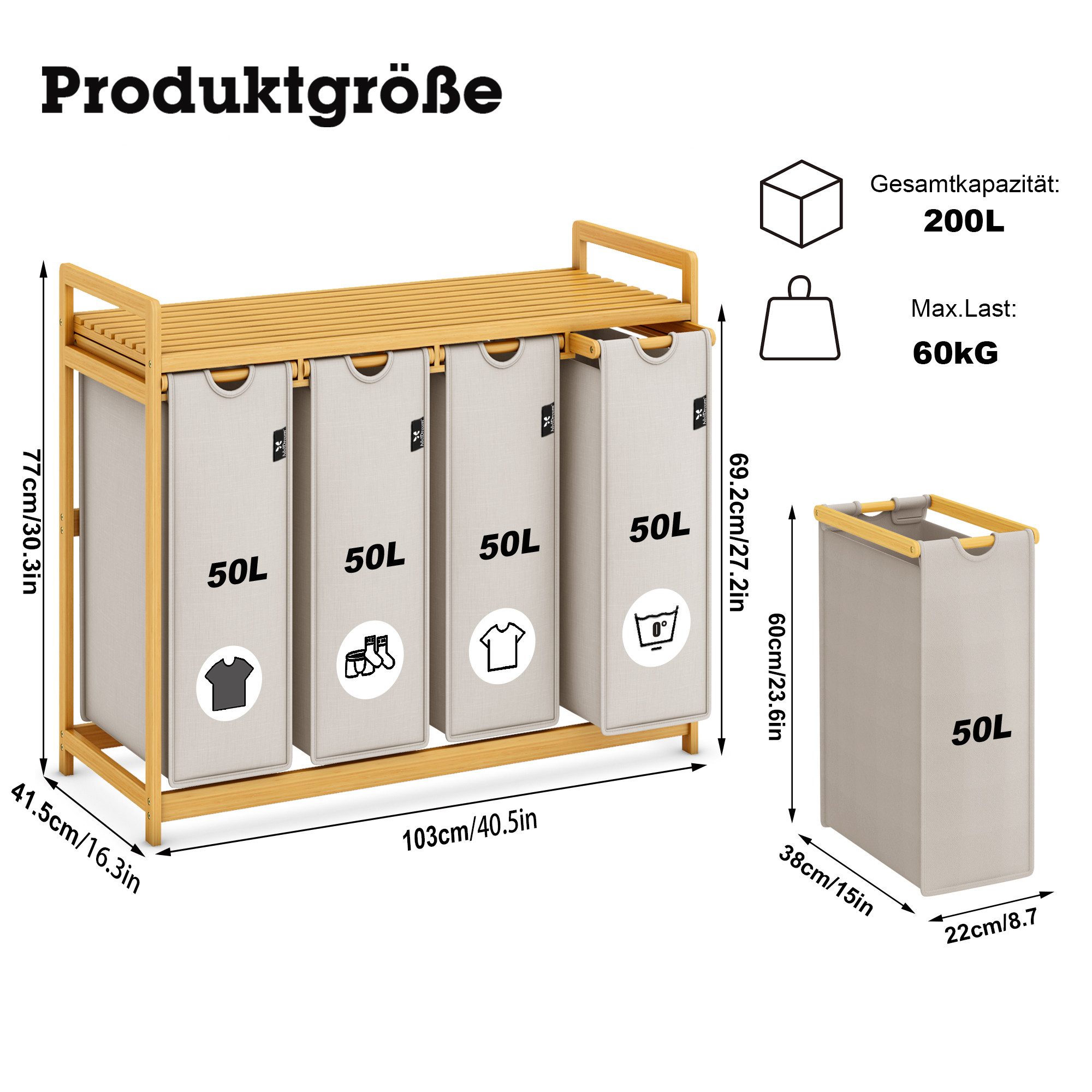 AdelDream Wäschekorb mit Bambusrahmen,200 l, 4 günstig online kaufen