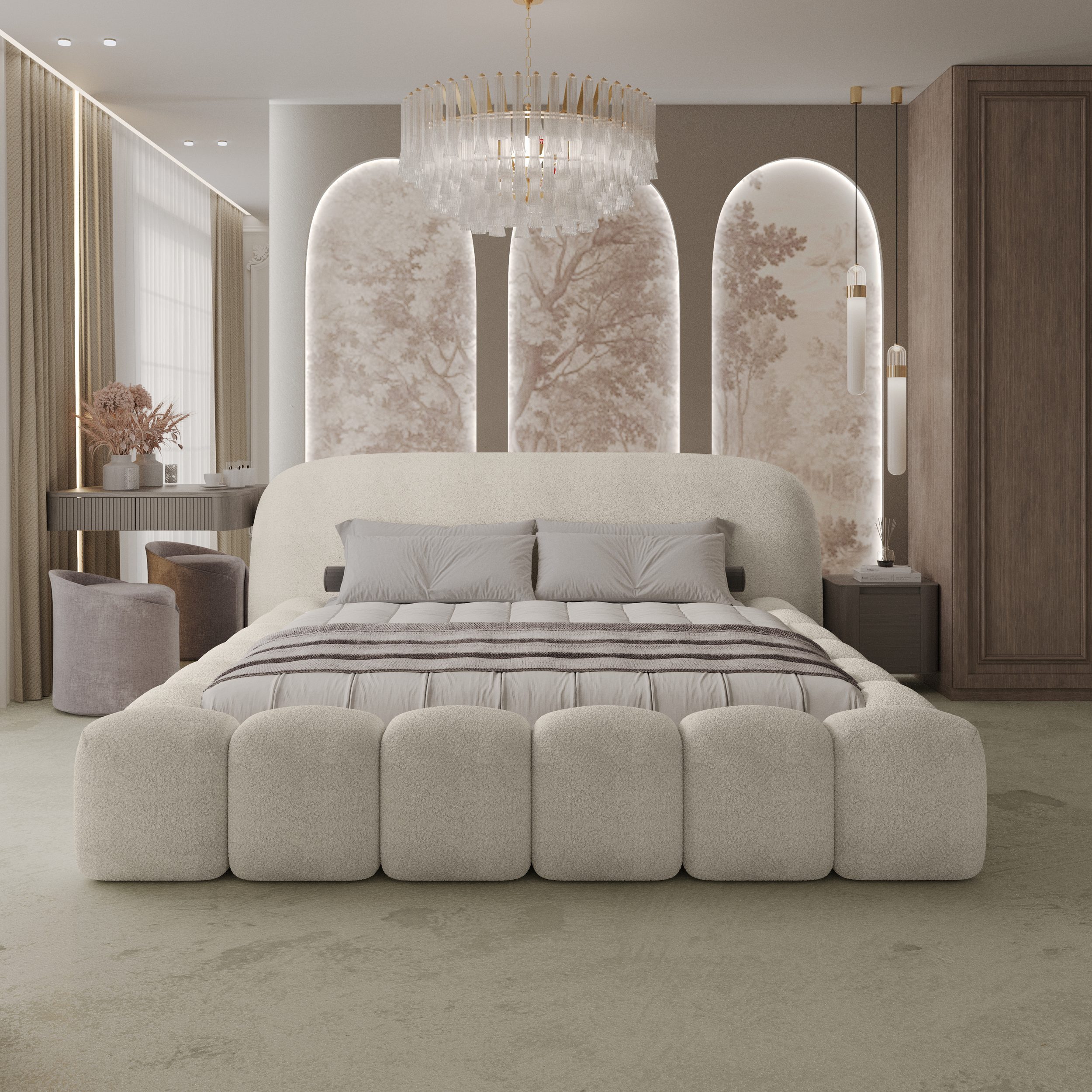 thematys Polsterbett ORLANDO - Cloud mit Bettkasten, Bouclé Bezug - 140x200 - 200x200cm - (Kopfteil in Oversize, Familienbett XXL)