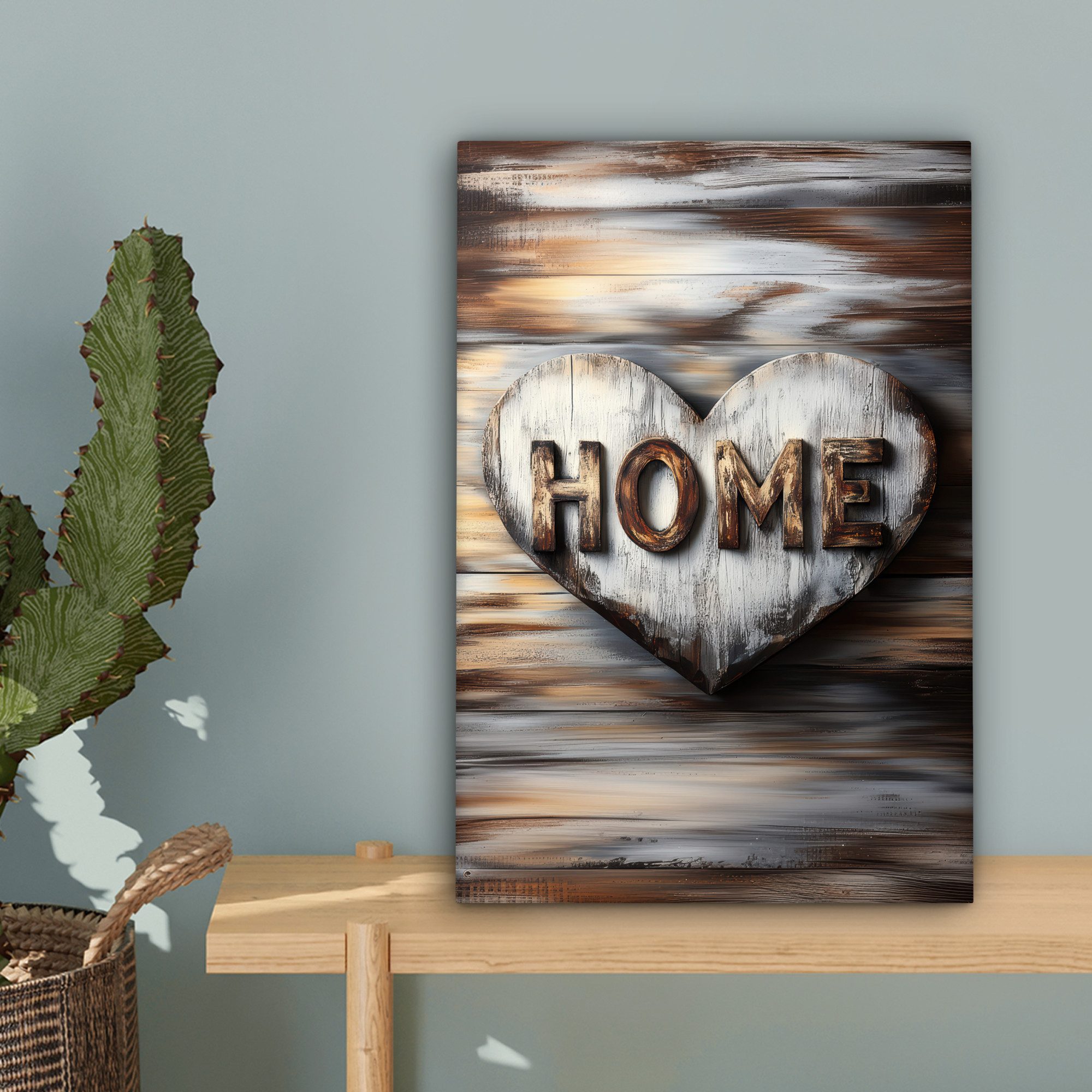 OneMillionCanvasses® Leinwandbild Zuhause - Herz - Holzoptik - Liebe, Fotodruck (1 St), Leinwand Canvas Wandbild, Wanddekoration 20x30 cm