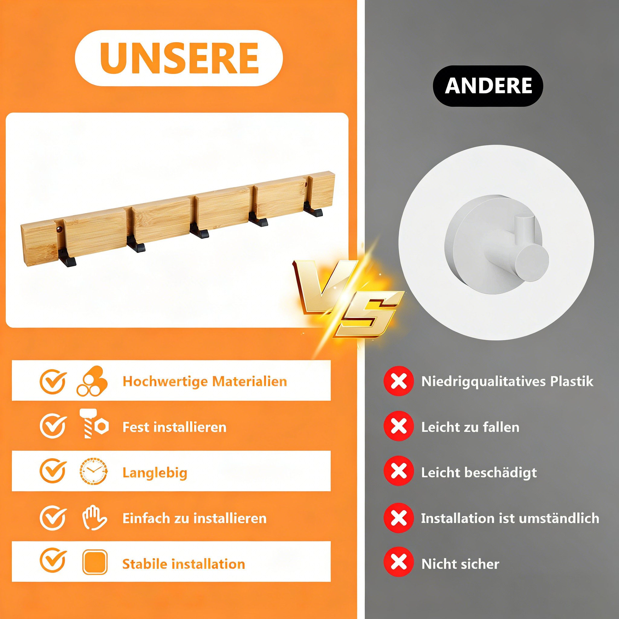 BlingBin Garderobenhaken Garderobenleiste klappbar mit 5 versenkbaren Haken, Holz/Aluminium (2er Set, 2 St., 50 × 5,5 × 2 cm), Wandgarderobe für Flur, Schlafzimmer und Bad, natur