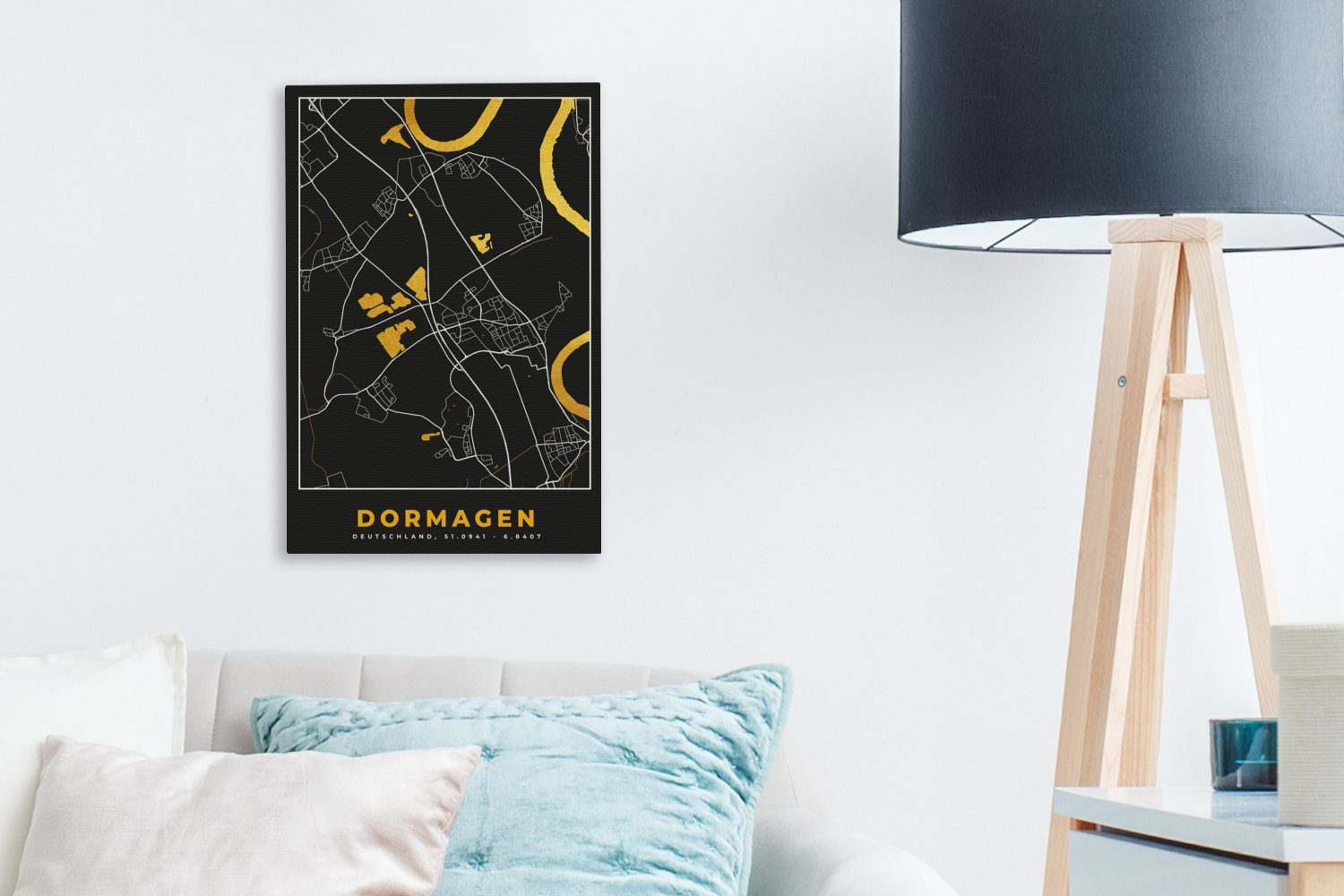 St), OneMillionCanvasses® - Gold Stadtplan Gemälde, inkl. - - Leinwandbild - (1 fertig Karte, Zackenaufhänger, Leinwandbild Dormagen 20x30 Deutschland bespannt cm