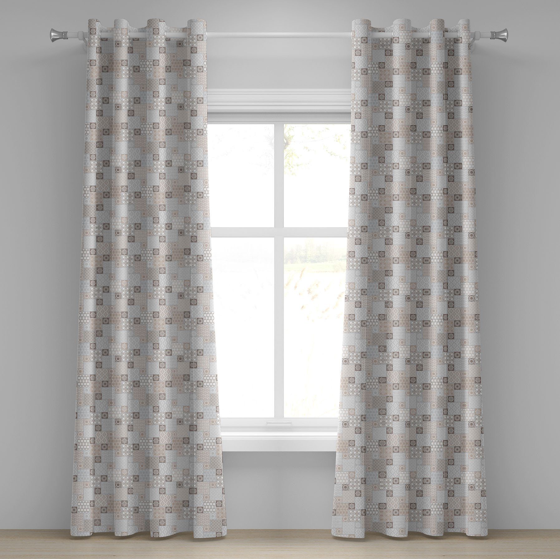 Gardine Dekorative 2-Panel-Fenstervorhänge für Schlafzimmer Wohnzimmer, Abakuhaus, asiatisch Oriental Checkered Motiv | Fertiggardinen