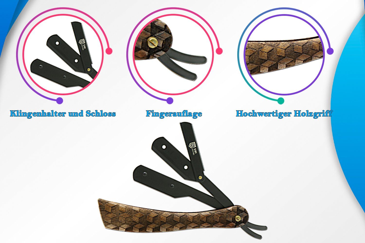 SMI Rasiermesser Rasiermesser Holzgriff Wechselklinge Bartrasierer mit 100 Klingen