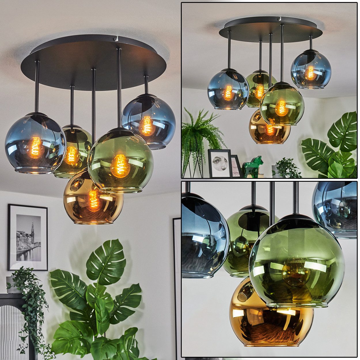 hofstein Deckenleuchte Deckenlampe aus Metall/Glas in Schwarz/Blau/Grün/Goldfarben, Deckenleuchte im Retro/Vintage-Design (Schirm Ø 15 cm), 5 x E14