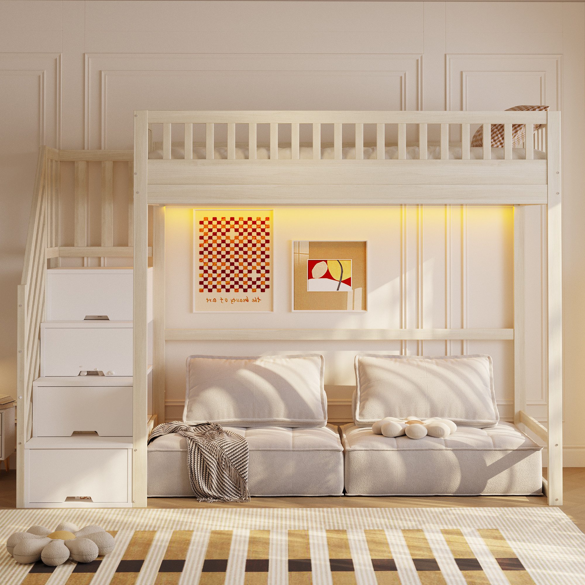 Odikalo Hochbett Hochbett mit Stauraum & Treppe, Weißes Holzbett aus Massiver Kiefer (Hochbett 140x200 / 90x200 cm mit Sicherheitsaufbewahrungsleiter, Sicherhei – Bild 2 von 5