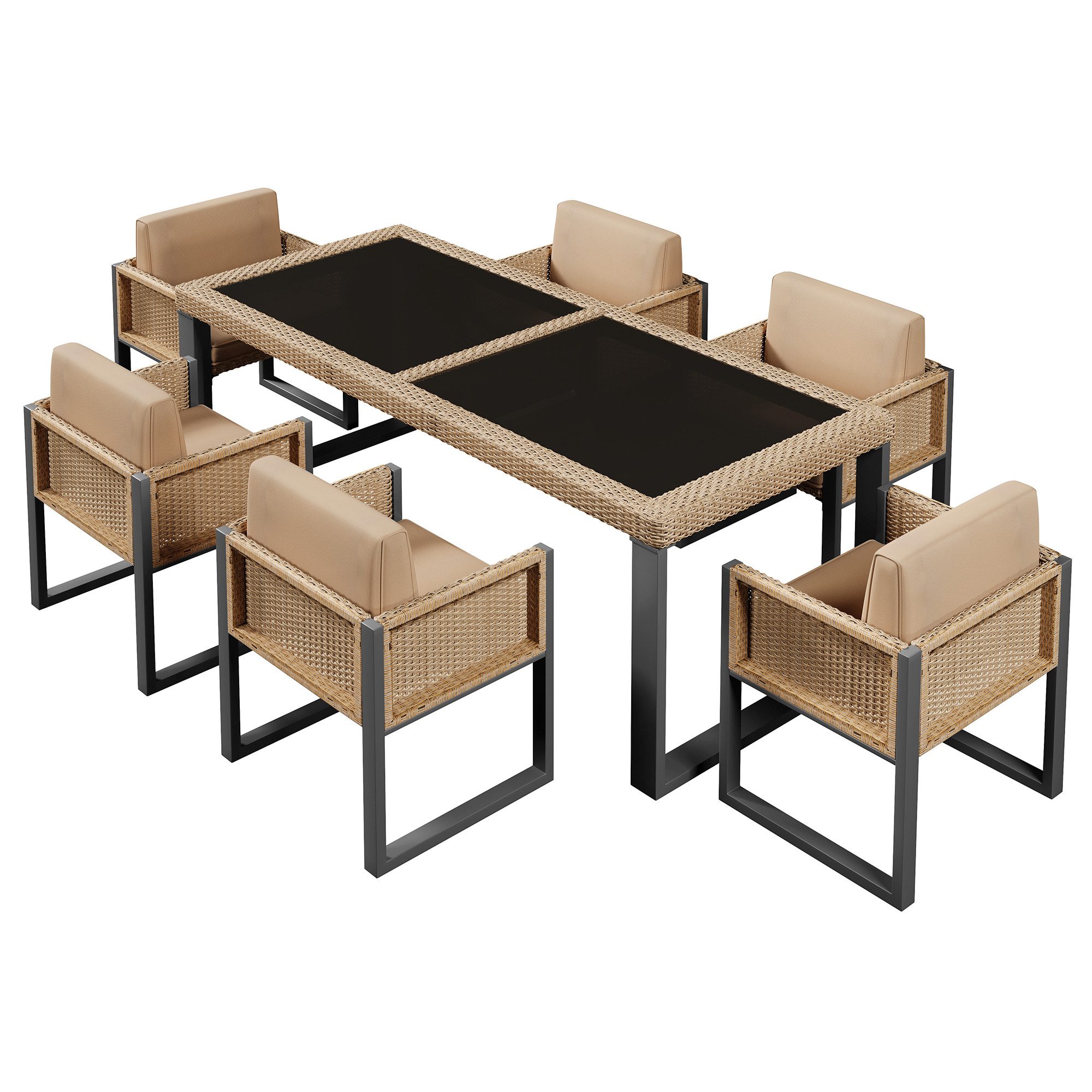 Refined Living Gartenlounge-Set Polyrattan Garten-Essgruppe für 6 Personen, Polyrattan Esstisch, (Wetterfestes Esstisch-Set mit Stühlen & abnehmbaren Kissen, Gartenmöbel Set, Garten-Essgruppe, Essgruppe 6 Personen, Esstisch mit Stühlen, Outdoor Essgruppe, Rattan Sitzgruppe, mit Glasplatte, 7-tlg., Großzügiger Esstisch mit 6 Stühlen, mit UV-beständiges PE-Rattan), für Garten & Terrasse, Balkon & Veranda, Poolbereich,Outdoor