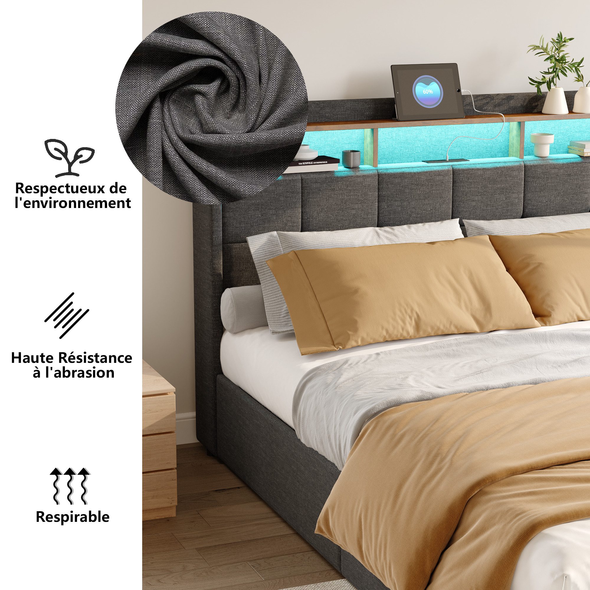 PXloue Funktionsbett Polsterbett Doppelbett, mit USB-Laden und Stauraum am Kopfteil,Leinen,160x200 cm – Bild 4 von 5