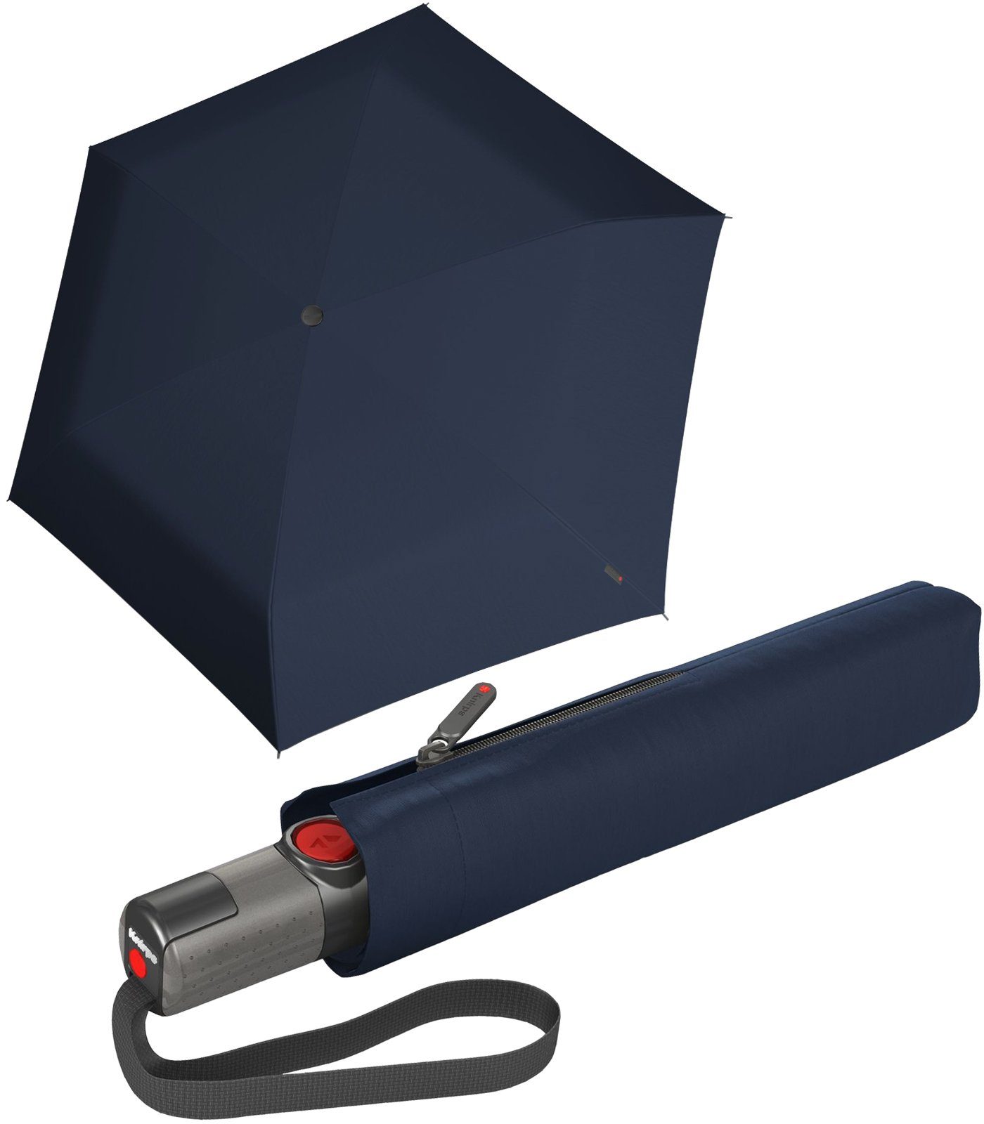 Knirps® Taschenregenschirm einfarbiger Schirm mit Auf-Zu-Automatik, kompakt, flach, einfarbig navy-blau