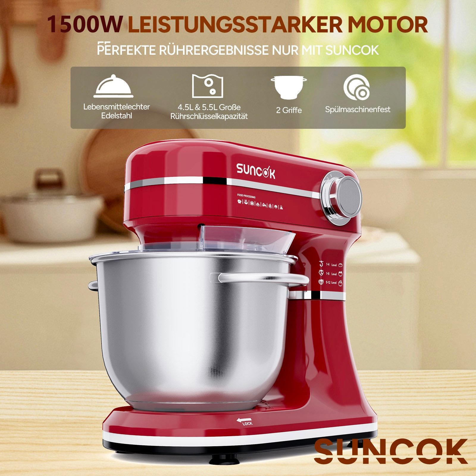 SUNCOK Küchenmaschine Multifunktionale Knetmaschine, 12-Geschwindigkeit, 59 Dezibel. geeignet zum Backen und Kneten von Teig, 1500 W, Elektrische Küchenmaschine,mit 2 Edelstahl-Rührschüsseln 4,5 und 5,5l