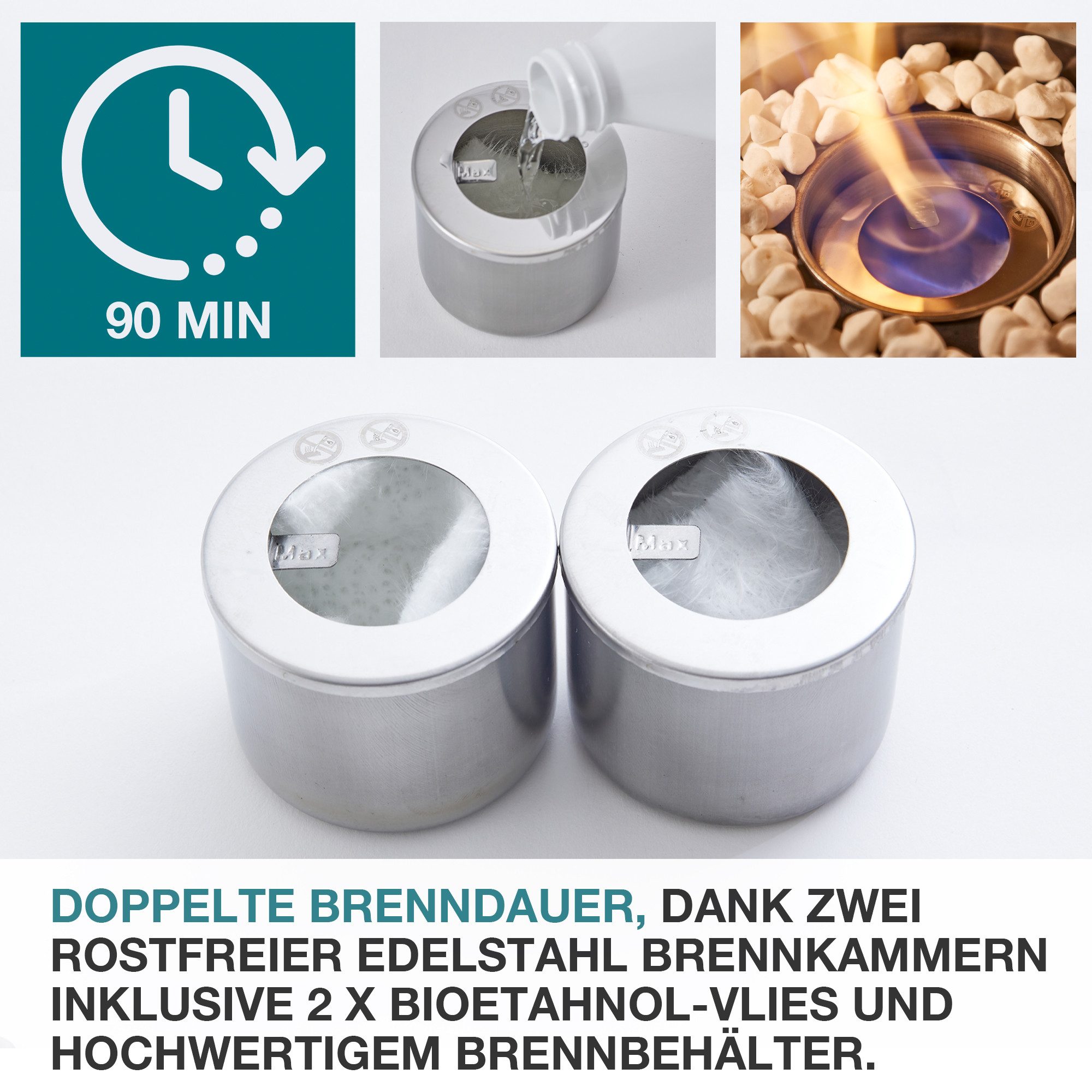 TOM Tischfeuer Tischkamin Bio Ethanol Rund Komplett Set mit Dekosteine (14-St), Standfuß