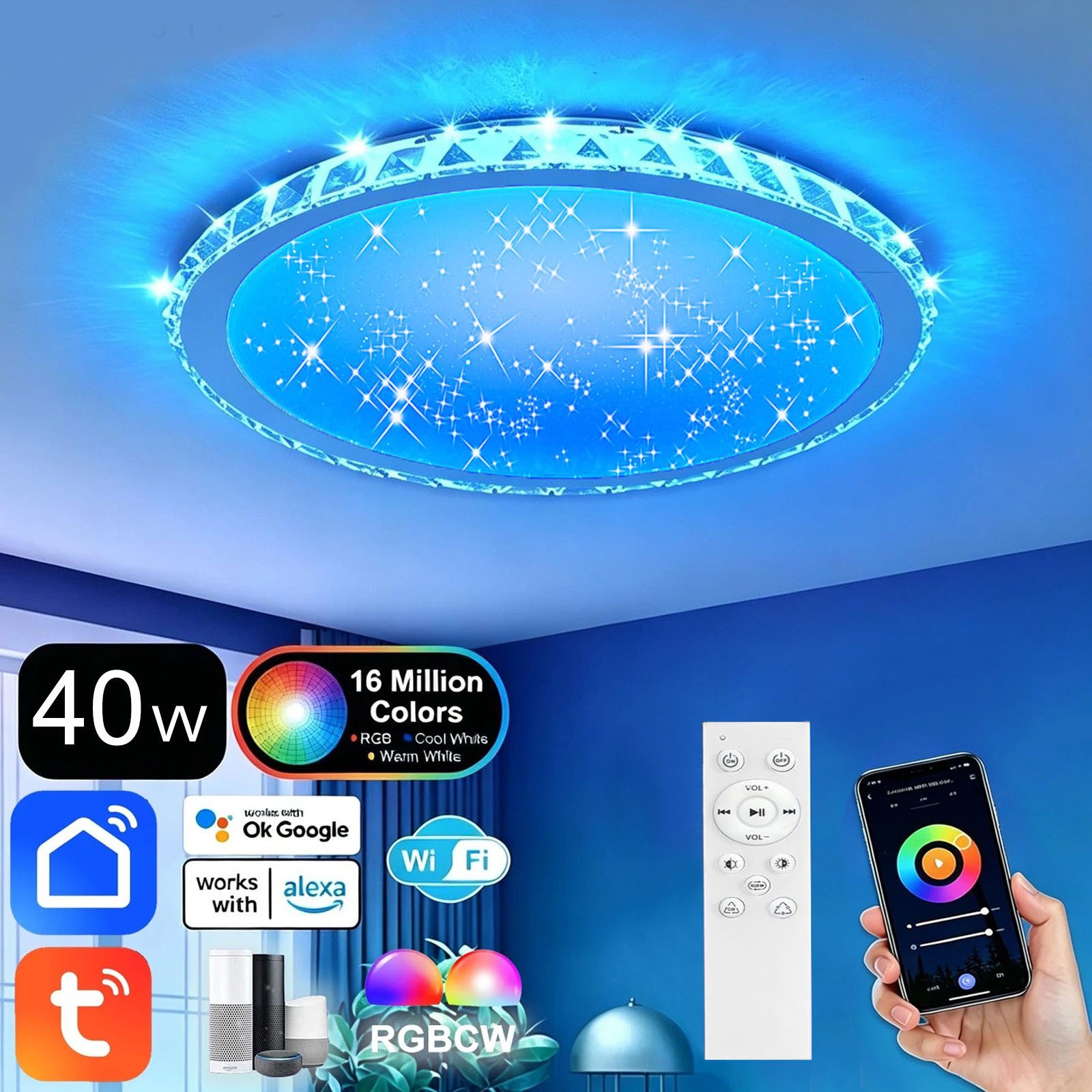 oyajia Deckenleuchte 40cm Smart WIFI RGB LED Deckenleuchte Dimmbar Sternenhimme Deckenlampe, LED fest integriert, RGB, Kristall Deckenlampe,Dimmbar mit Fernbedienung oder APP-Steuerung