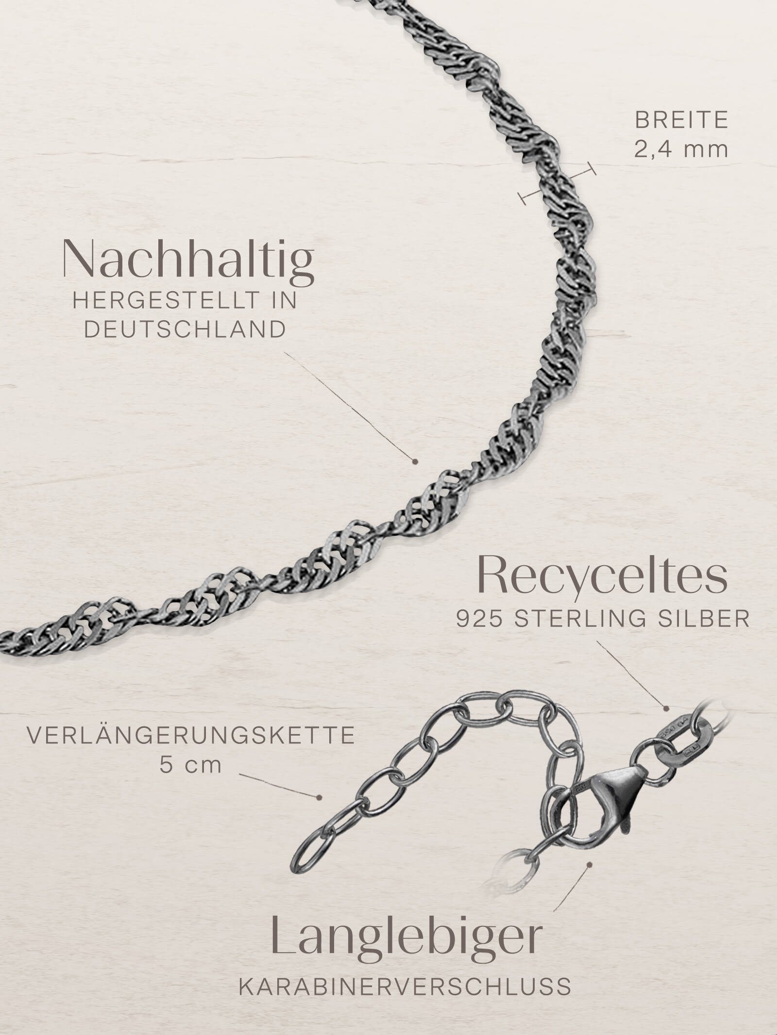 modabilé Fußkette SINGAPORE, breit, 23cm Sterling Frauen, Silber 2,4mm 925, Fußkettchen 28cm, - Germany Made in
