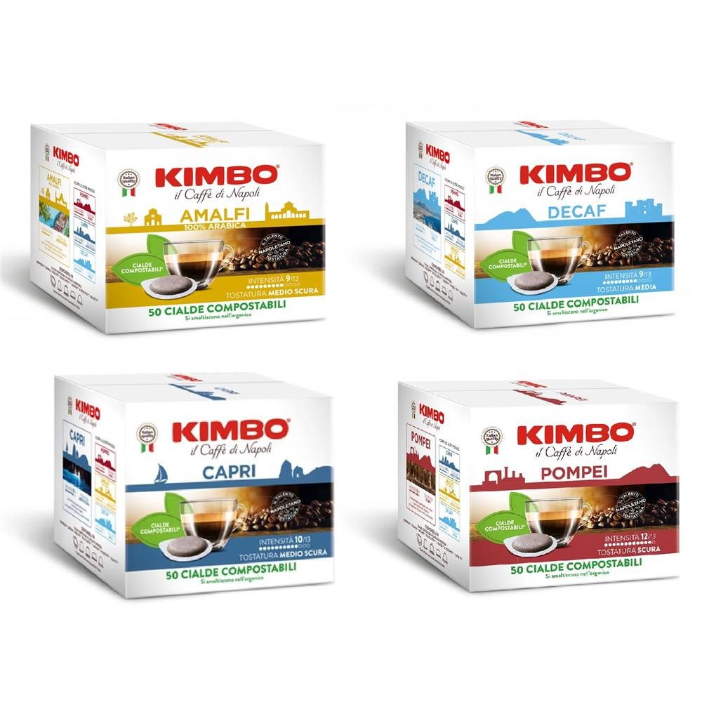 Kimbo Kaffee Mixset AMALFI CAPRI DECAF POMPEI 44mm 4x50 ESE Pads Kaffeepads, 200 x 7,3 g, Mixset – 4 Sorten italienischer Kaffeegenuss