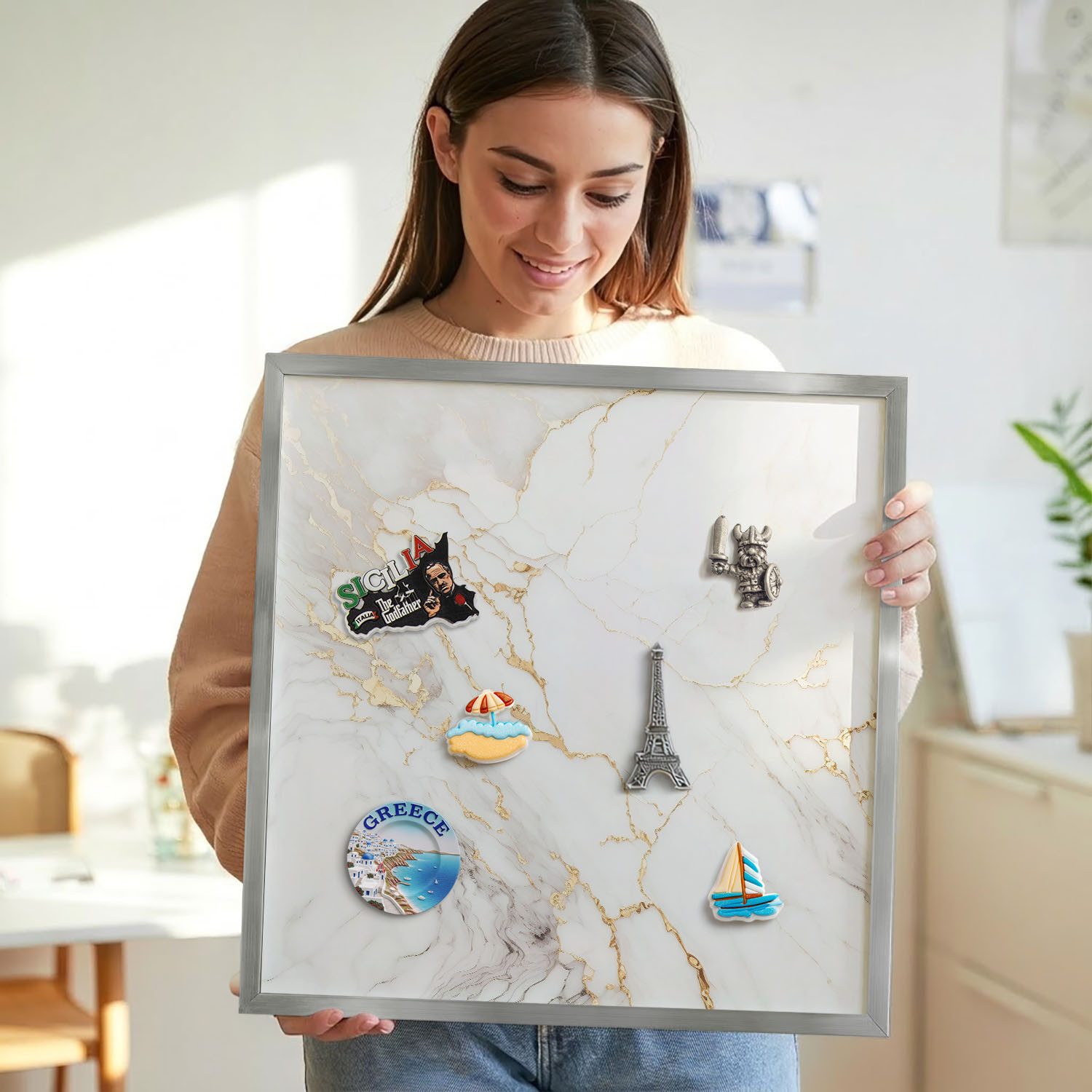 Tulup Magnettafel Dekorative Magnettafel mit Rahmen für Küche und Wohnzimmer, Eleganter Marmor, Weiß