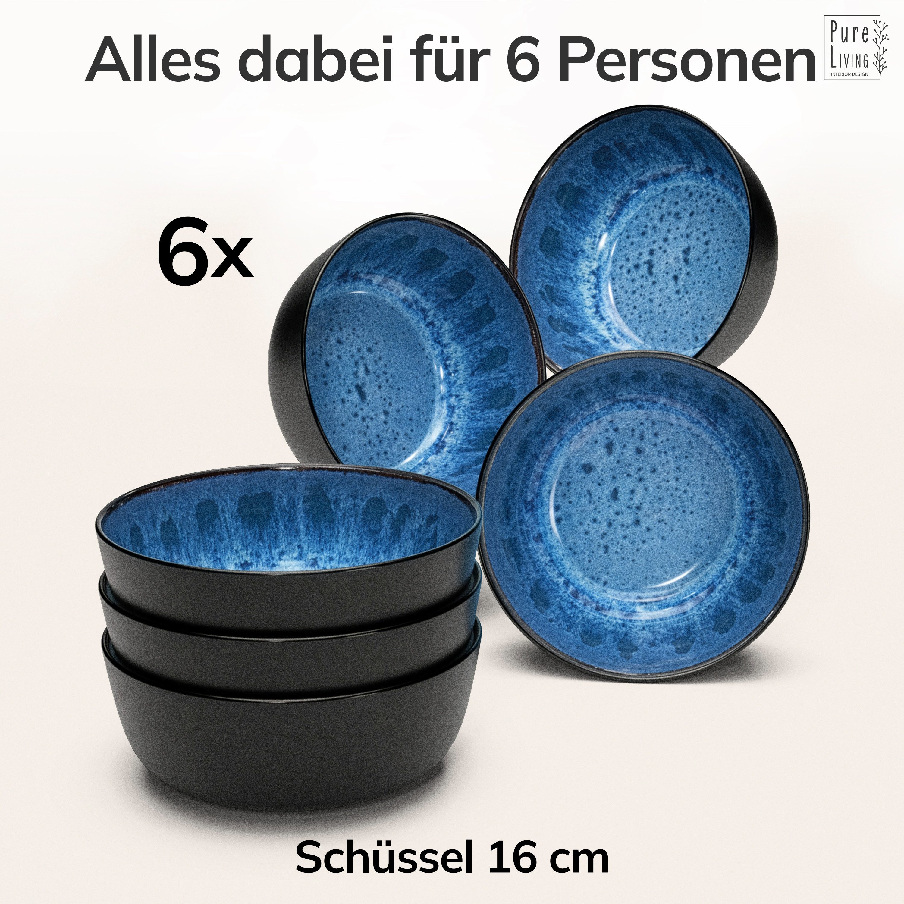 PURE LIVING INTERIOR DESIGN Geschirr-Set Ibiza, 6er-Set Müslischalen, 16 cm, Riffelstruktur, Tiefblau (6-tlg), 6 Personen, Steingut – Bild 5 von 5