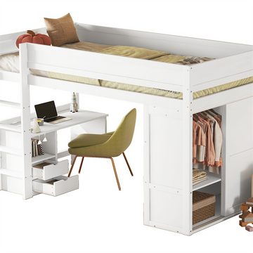 XDeer Jugendbett 90*200cm Hochbett, vielseitiges Kinderbett, ausgestattet, mit Kleiderschrank, Schreibtisch und Schubladen