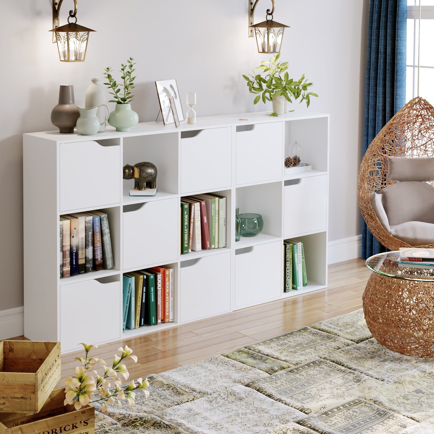 Homfa Bücherregal mit 3 Türen, Standregal, Regal Weiß aus Holz 60x29x90 cm