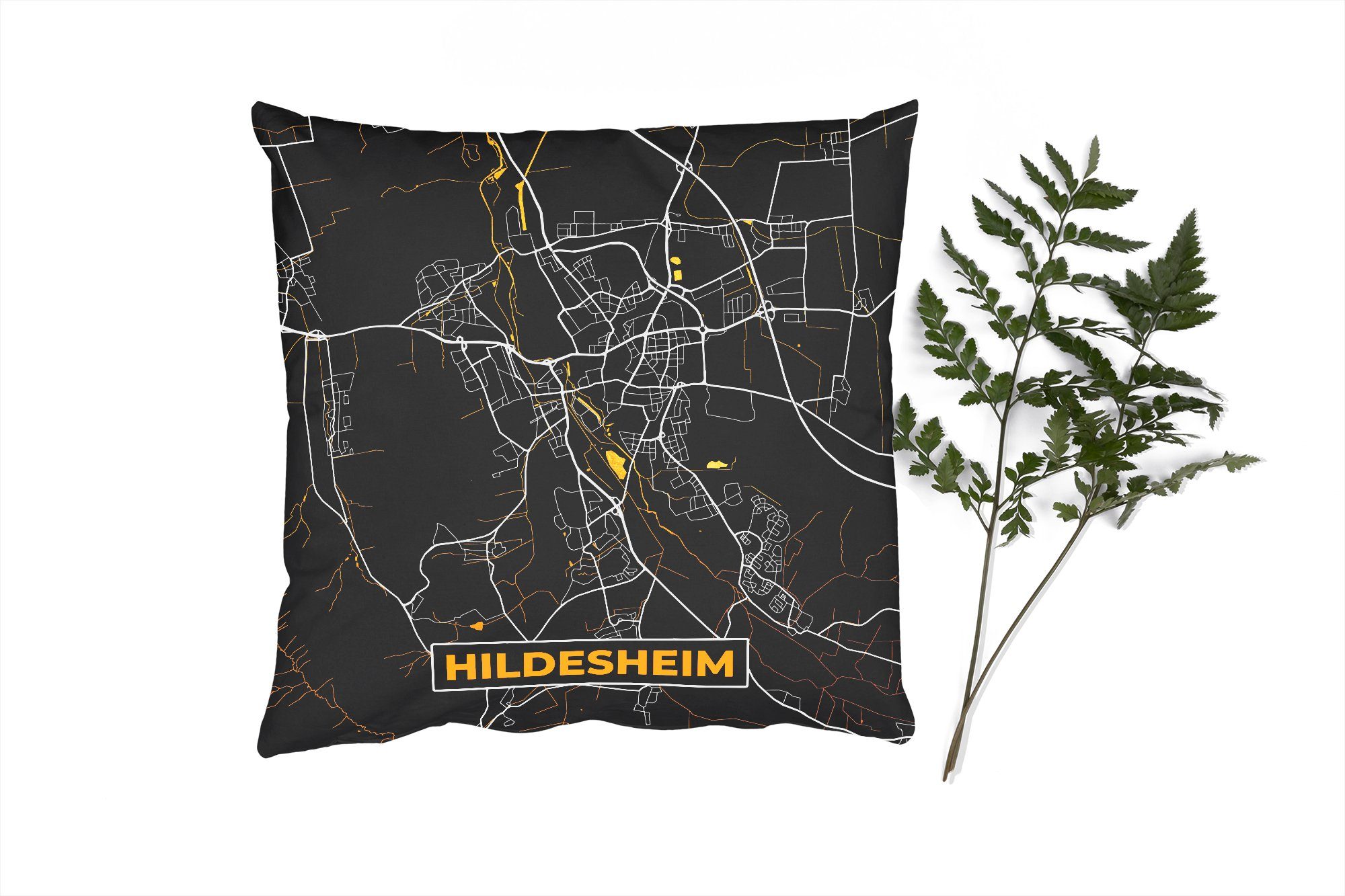 MuchoWow Dekokissen Hildesheim - Gold - Stadtplan - Karte - Deutschland, Zierkissen mit Füllung für Wohzimmer, Schlafzimmer, Deko, Sofakissen