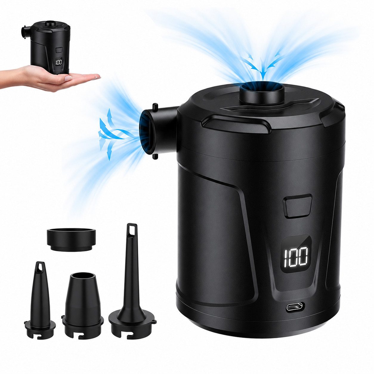 pedete Akku-Luftpumpe Elektrische Luftpumpe 5200mAh Pumpe Akku mit 4 Düsen (wiederaufladbare Mini-Akku-Luftpumpe, 400L/min Schnelles Aufblasen Luftmatratzenpumpe), Tragbare Luftmatratzenpumpe für Pool Schwimmer, Camping, Typ-C