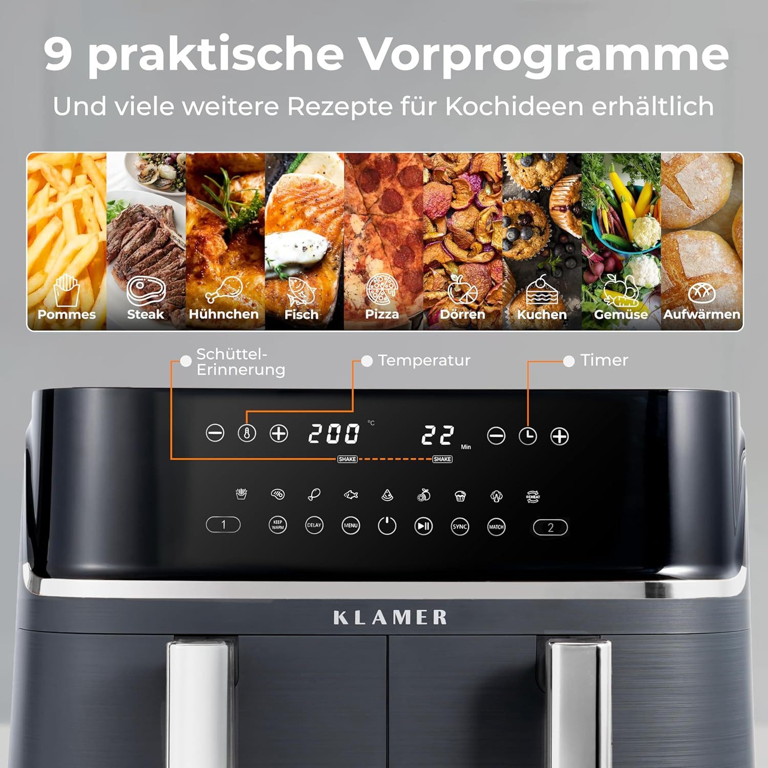 KLAMER Heißluftfritteuse Heißluftfritteuse Duo 9 L – Doppelkammer Airfryer mit 2 Körben, 3000 W, Zwei separate Fächer, Smart-Funktionen, Mehrere Programme & Steuerung