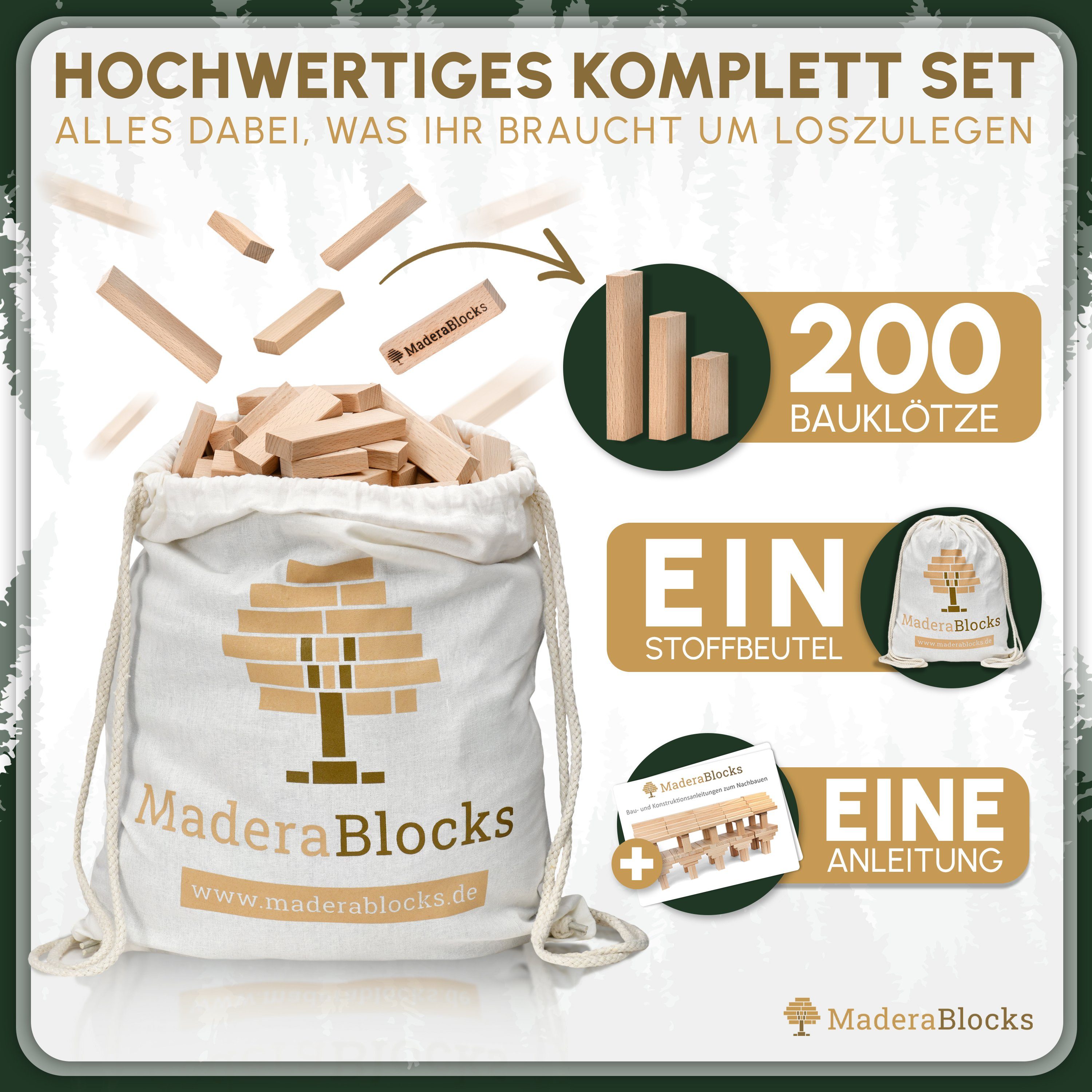 MaderaBlocks 200-1.600 Holzbausteine Natur 100% Made in DE Bauklötze Holz Bausteine Spielbauklötze, Baumpflanzung - Made in Germany (Ravensburg)