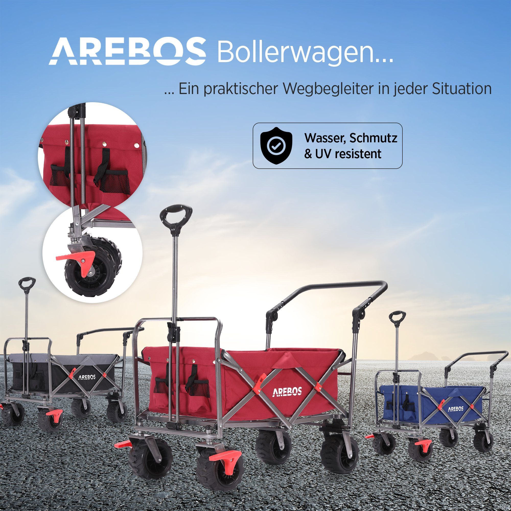 Arebos Bollerwagen Faltbarer Handwagen mit Dach – Transportkarre für Garten & Freizeit, PU-Räder und verstellbaren Griff – Bild 5 von 5