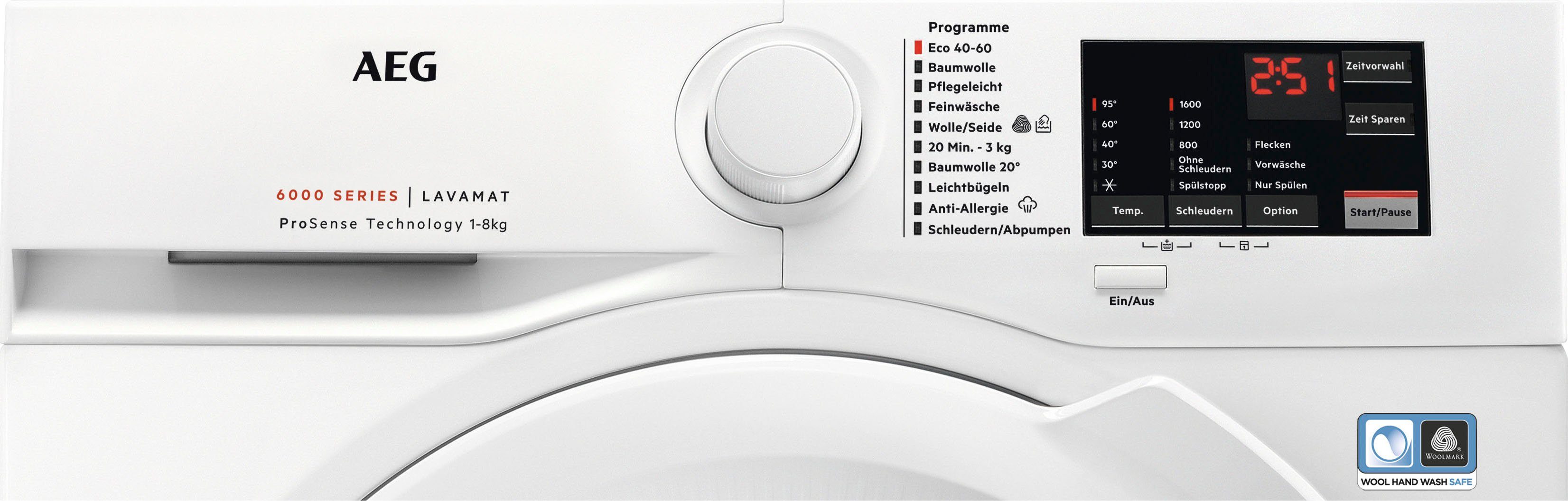 ProSense-Technologie 6000 L6FA68FL, Hygiene-/ kg, Programm 8 mit Serie U/min, Waschmaschine Anti-Allergie Dampf 1600 AEG mit