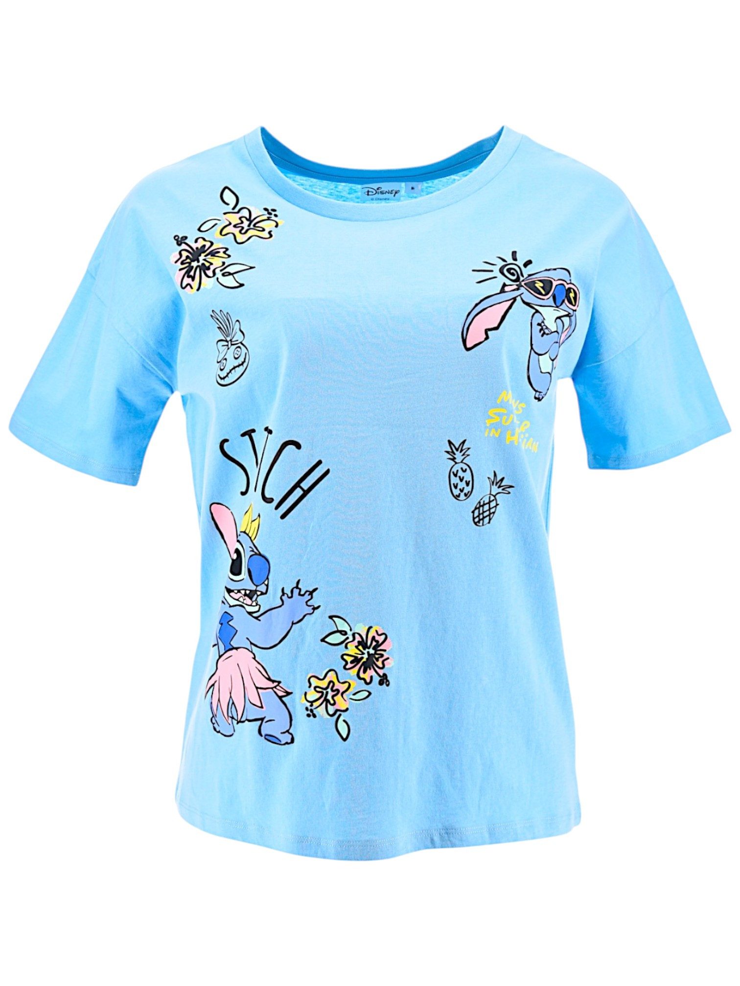 Lilo & Stitch T-Shirt Stitch means Summer in Hawaiian Damen Jersey Kurzarmshirt aus Baumwolle Gr. S - XL