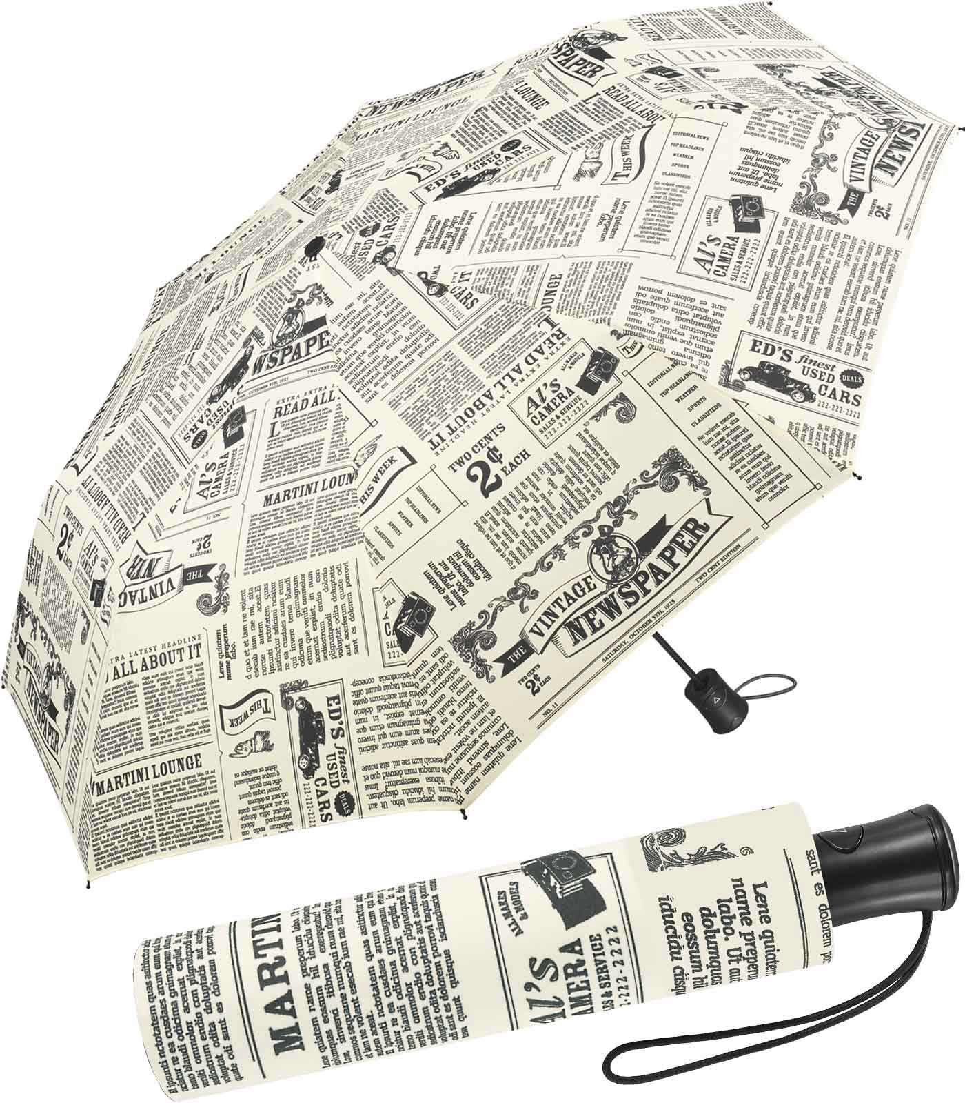 HAPPY RAIN Langregenschirm schöner Damen-Regenschirm mit Auf-Automatik, bedruckt mit Zeitungsmeldungen im Vintage-Stil
