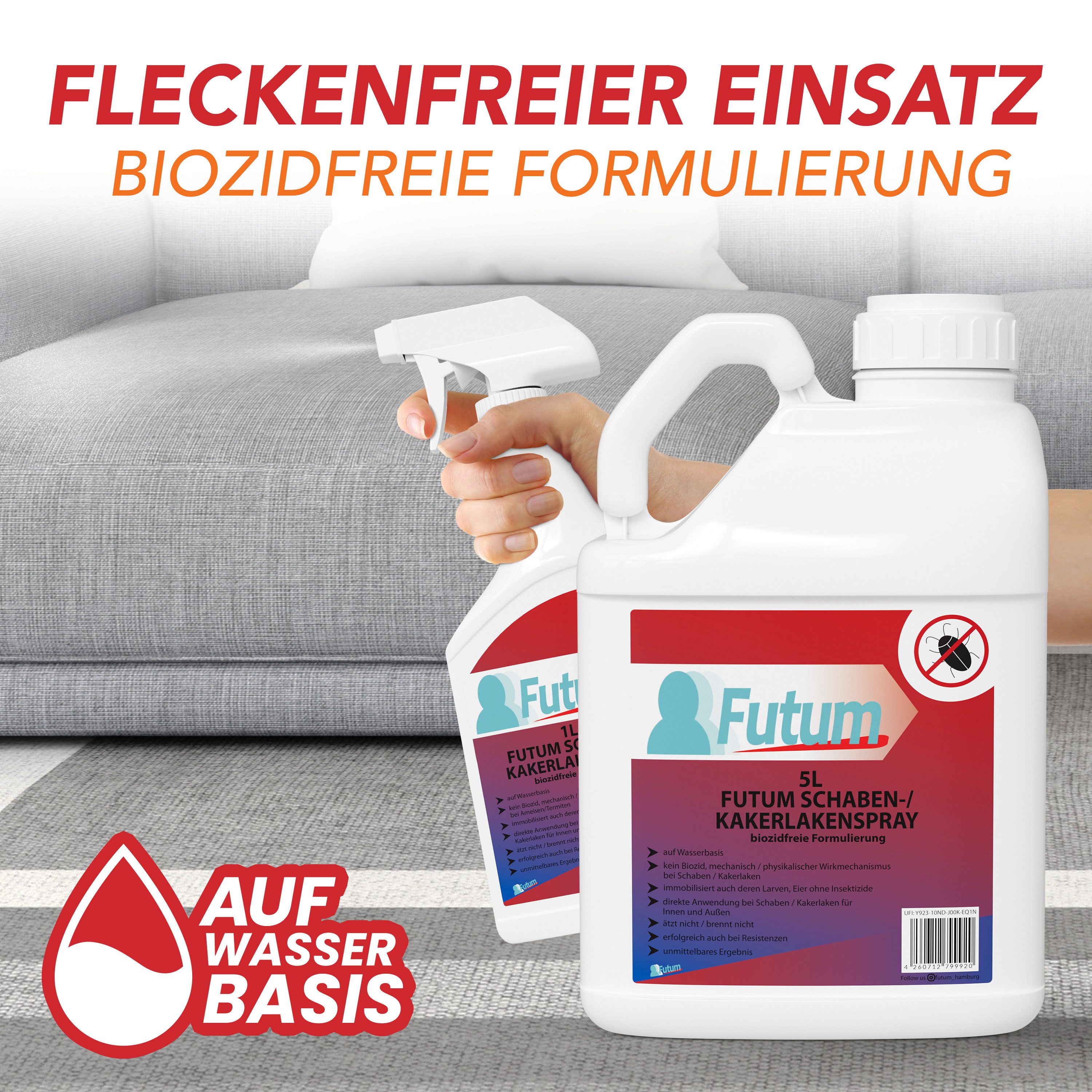 FUTUM Insektenspray Kakerlaken Spray Schaben Spray Küchenschaben Abwehr, 20 l, 20000 ml, biozidfreie Formel, auf Wasserbasis, geruchsarm, brennt / ätzt nicht