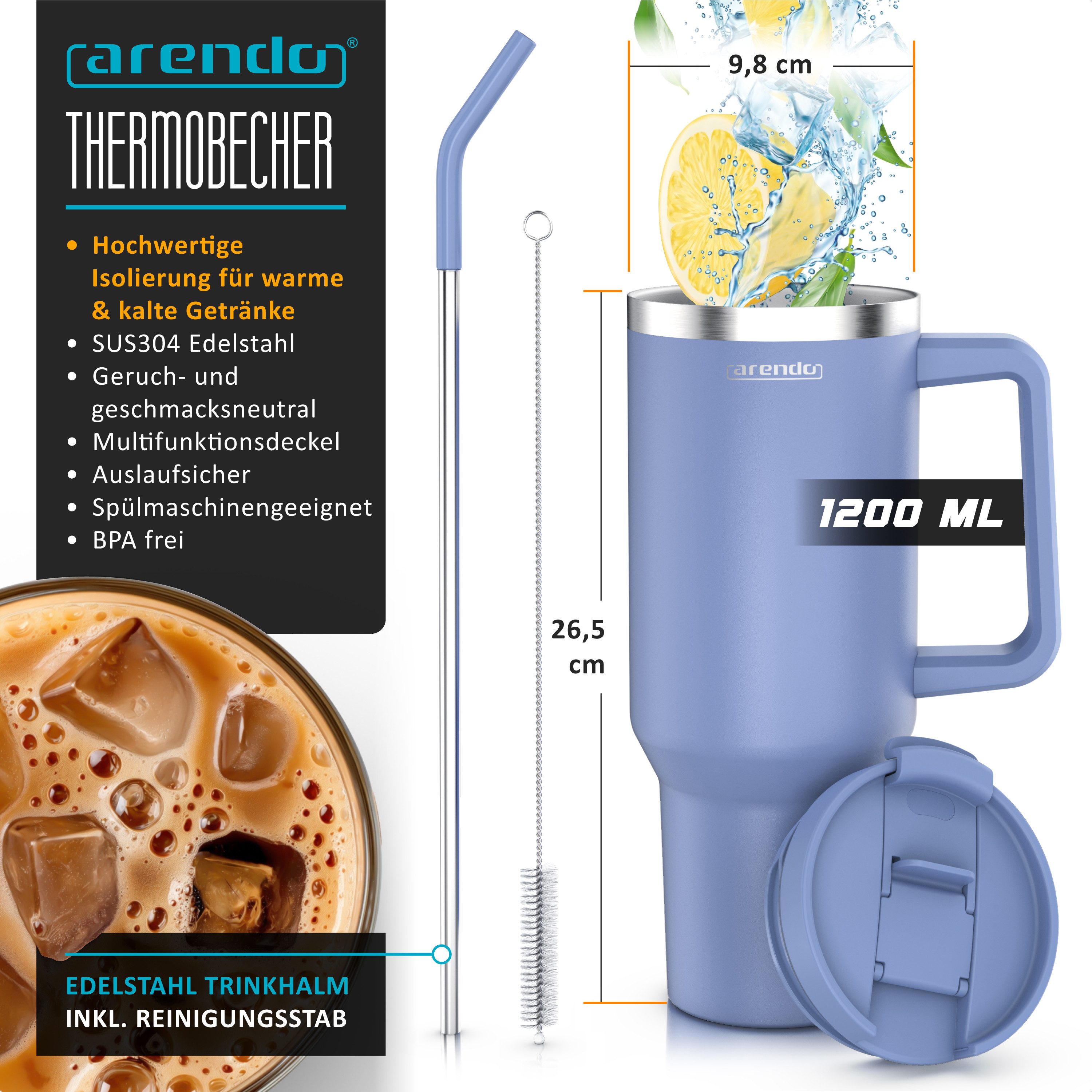 Arendo Thermobecher Tumbler 1200 ml, Becher mit Deckel, Henkel und Strohhalm, Thermal Mug, 4-tlg., Edelstahl, doppelwandig, Vakuumgehäuse aus Edelstahl, luftdichter Verschluss