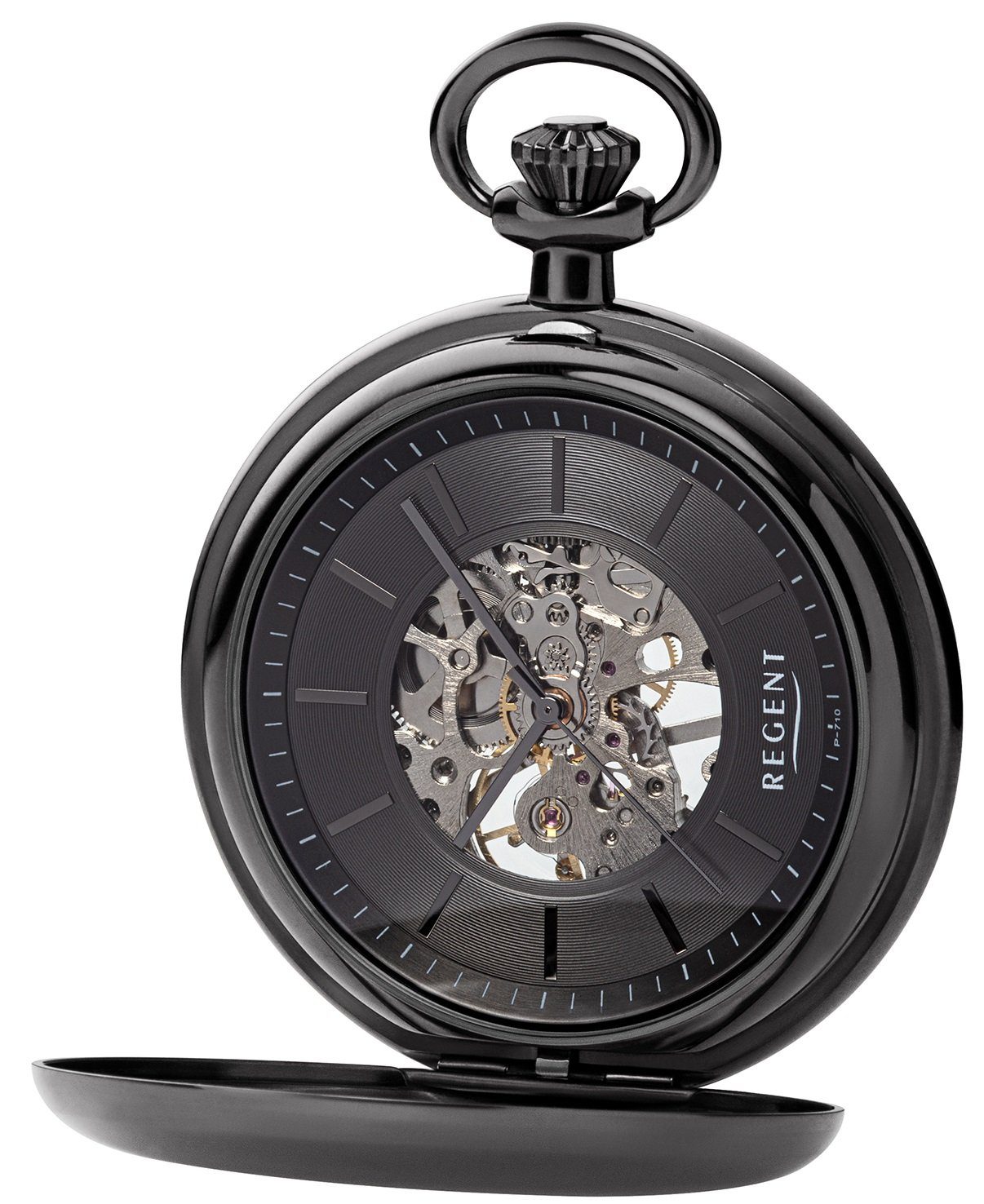 Regent Taschenuhr P-769, (mit dazu passender Kette), Uhrwerk sichtbar  sklettiert, Zifferblatt zentrumsoffen 5-Minuten Strich Indexe poliert