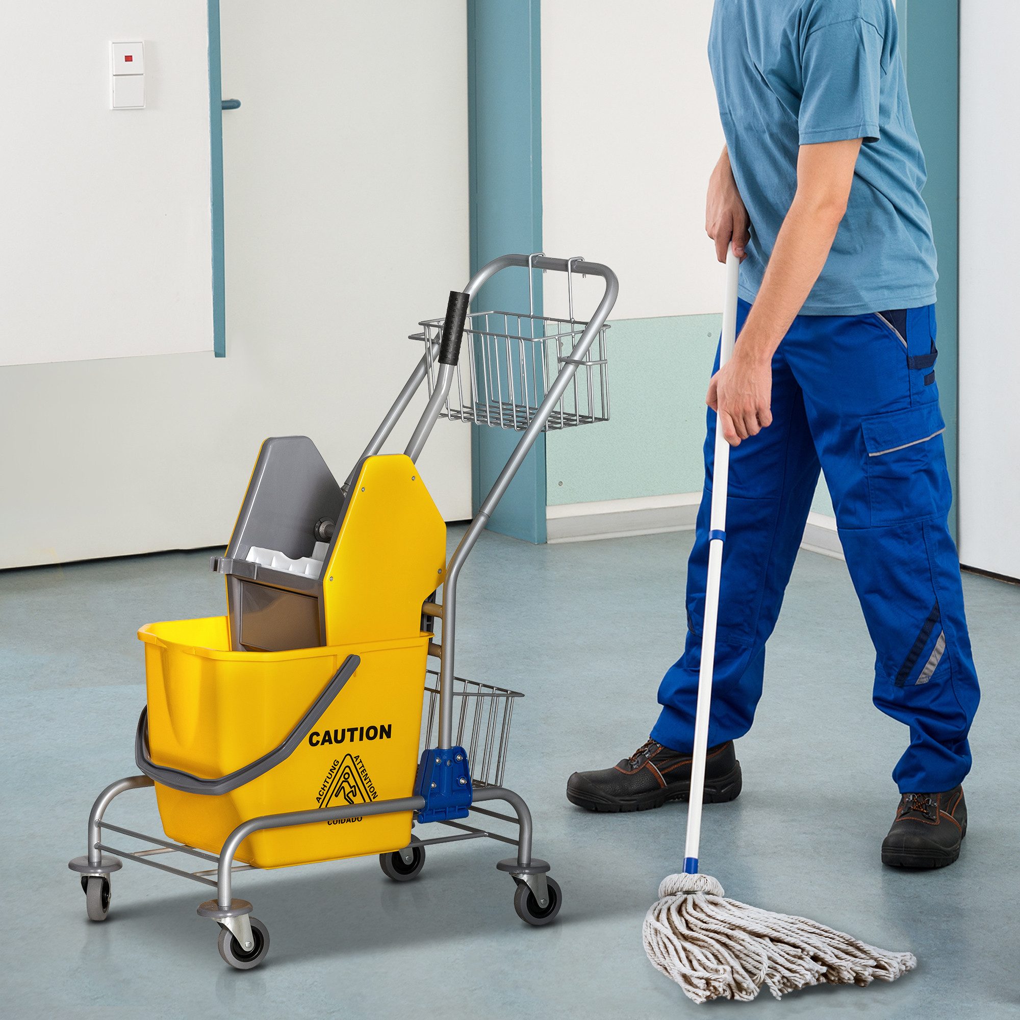HOMCOM Putzwagen Reinigungswagen Wischwagen mit Wringer, Haushaltswagen Gelb, (Set, 1-St., Reinigungswagen mit Eimer und Auspresser), 26L Eimer, 2 Werkzeugkörbe, 4 Rollen, Mopphalter