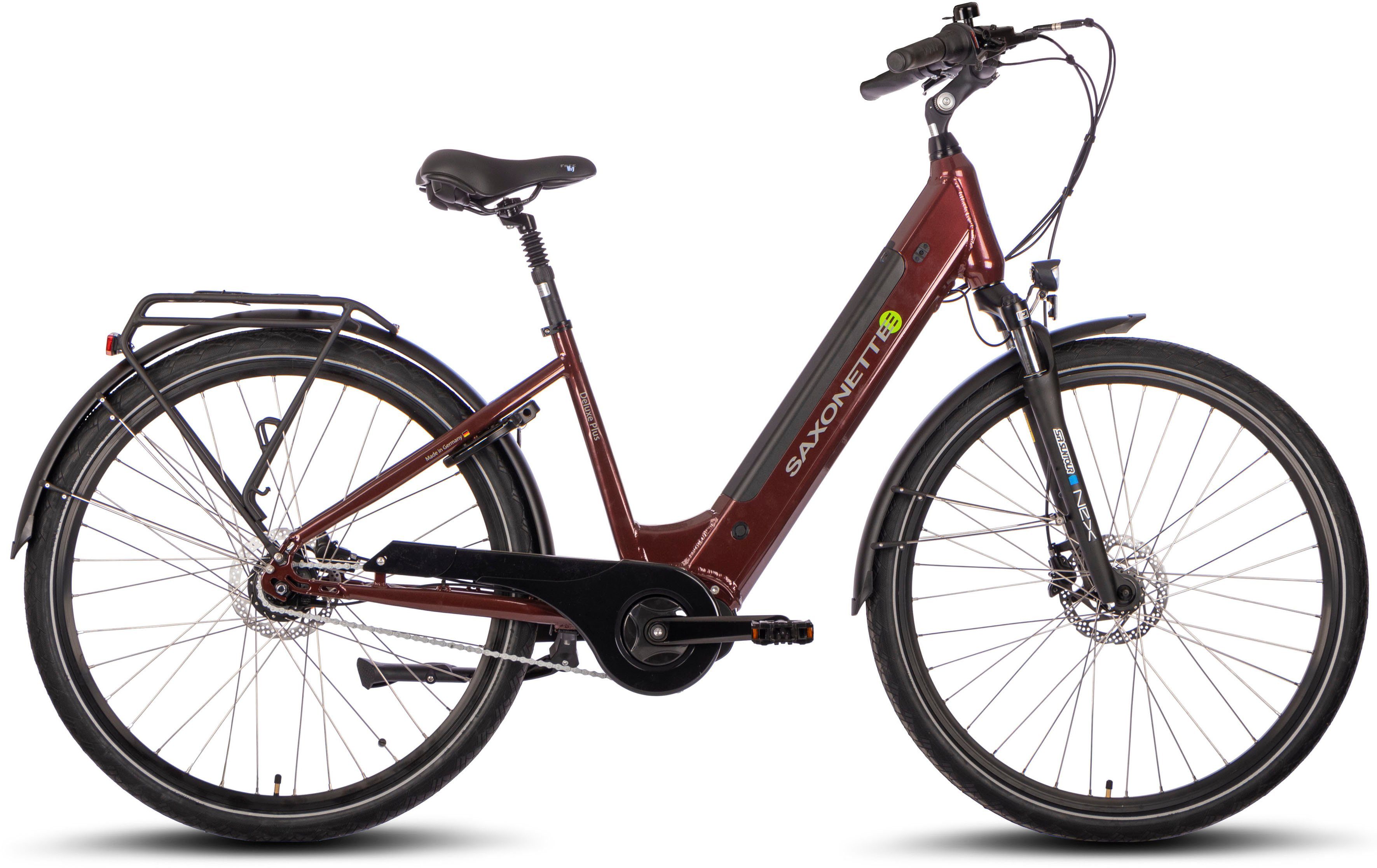SAXONETTE E-Bike Cityrad Saxonette Deluxe Plus, 7 Gang Shimano Nexus Schaltwerk, Nabenschaltung, Mittelmotor, 418 Wh, Pedelec, Elektrofahrrad für Damen u. Herren