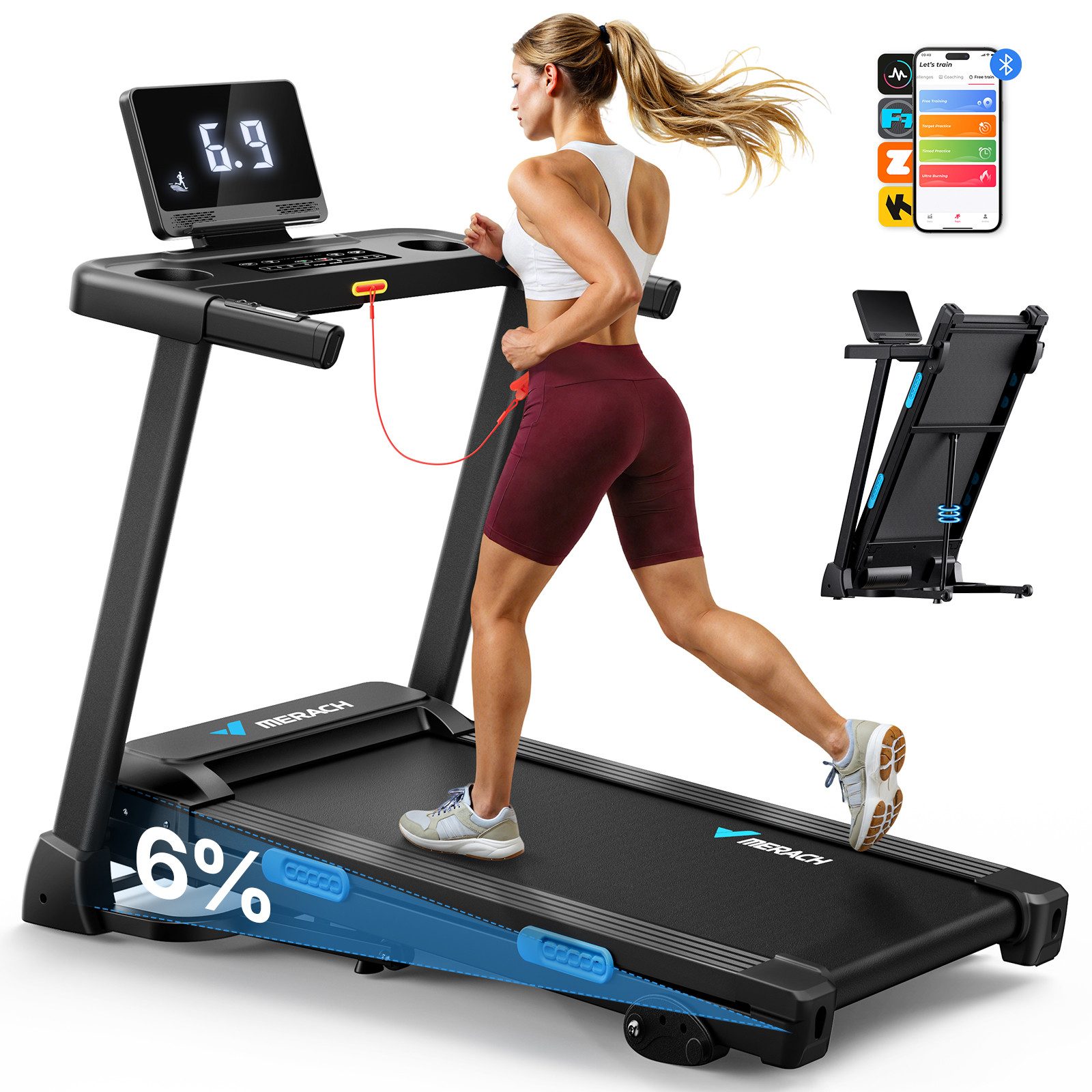 MERACH Laufband Elektrisches Laufband, Klappbares Laufband für Zuhause bis 12 km/h (2.5HP Steigung Walking Laufband, Leiser Motor, mit LED-Anzeige, APP und Tablet Holder), Herzfrequenzmessung, für Zuhause und Büro, Belastbarkeit bis 136kg