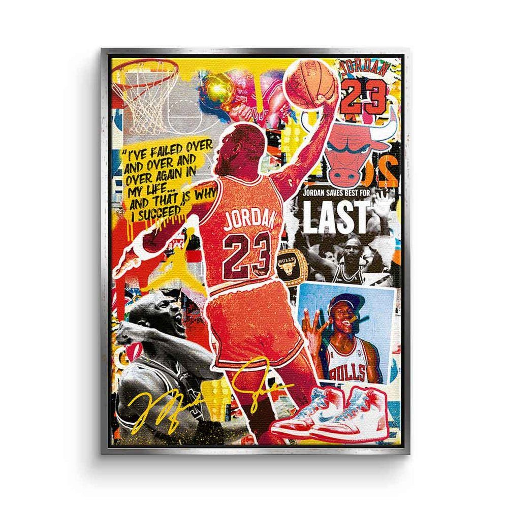 Leinwandbild 23 Pop Michael Leinwandbild, DOTCOMCANVAS® Jordan Porträt Collage Art Rahmen goldener Bulls
