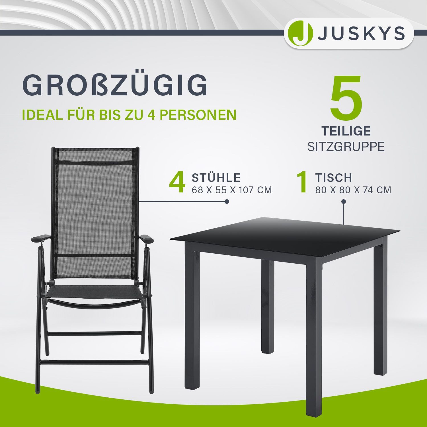 Juskys Garten-Essgruppe Milano, (5-tlg), 4 Gartenstühlen plus Tisch - Stühle klappbar und verstellbar