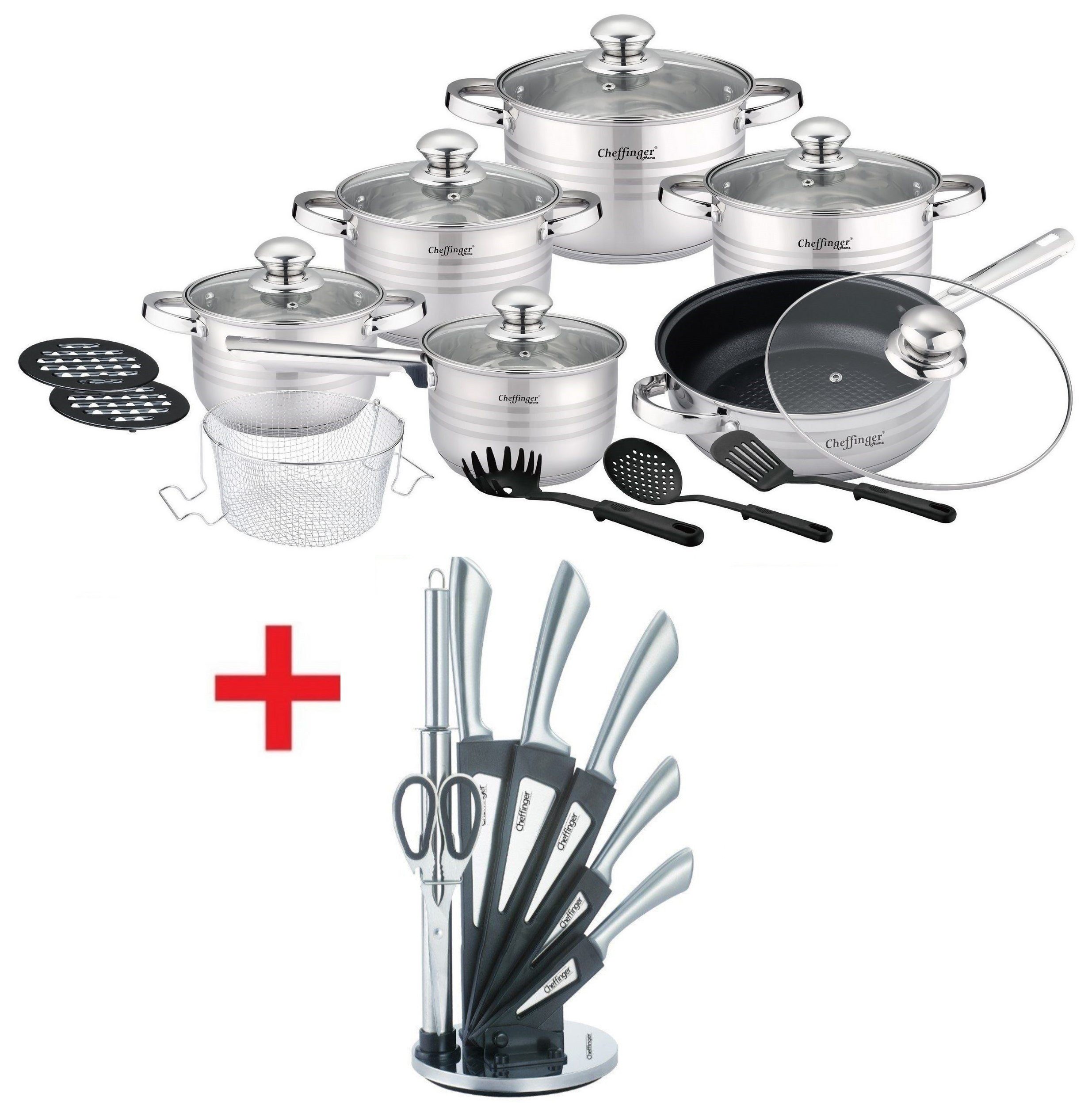 KESSMANN Topf-Set 4 Kochtöpfe 1 Stieltopf 1 Bratpfanne 6 Deckel Inkl. Zubehör 18 Tlg, Edelstahl 18/10 (Set, 26-tlg., Wender + 2 Untersetzer + Löffel + Spaghettilöffel + Frittiersieb), + 8 teilig Messerblock Messerset Besteckset Antihaft Induktionsherd