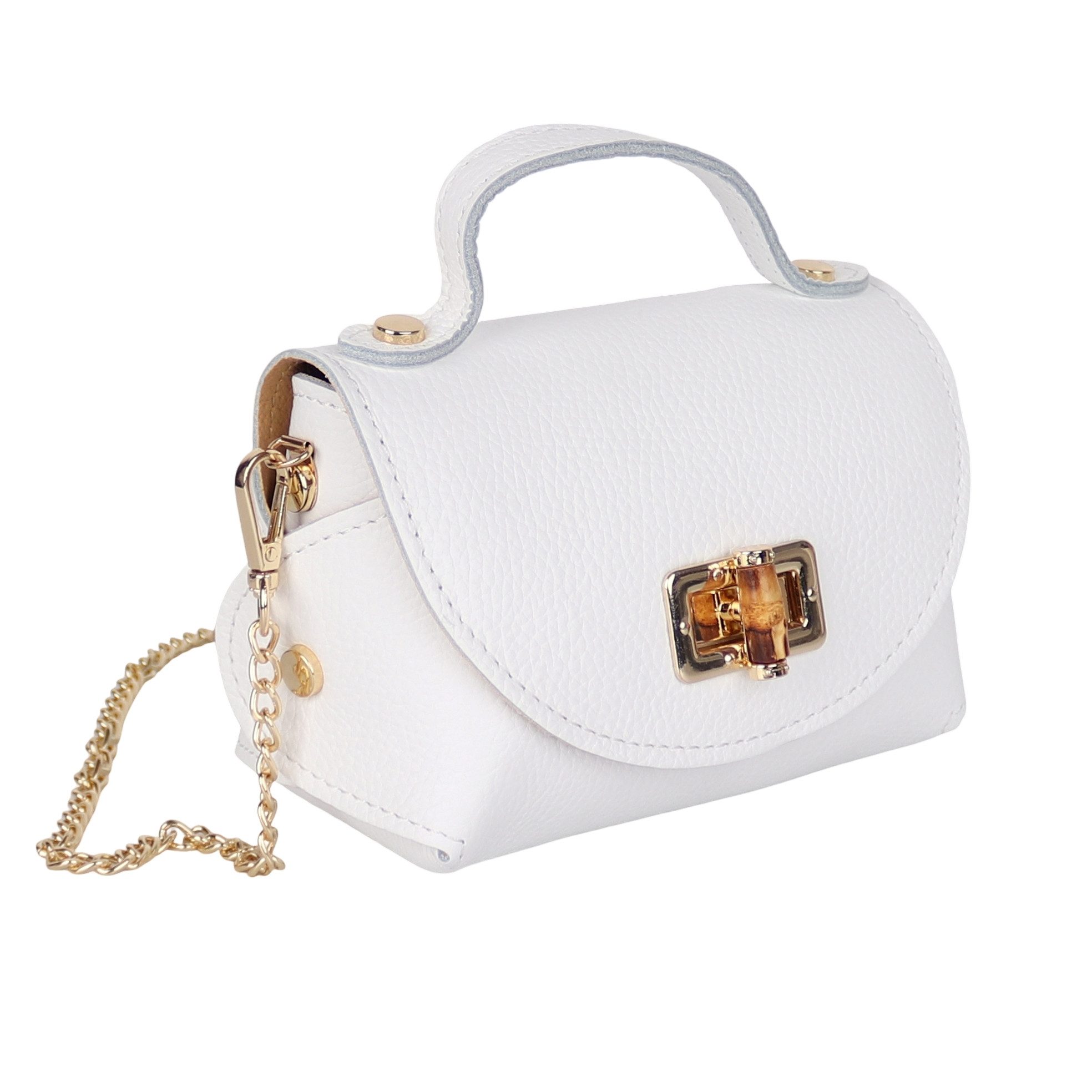 MIRROSI Henkeltasche Damen kleine Tasche aus Echtleder Schultertasche 16,50x10x8,50 cm, Mit goldfarbener Kette, ca. 125 cm lang