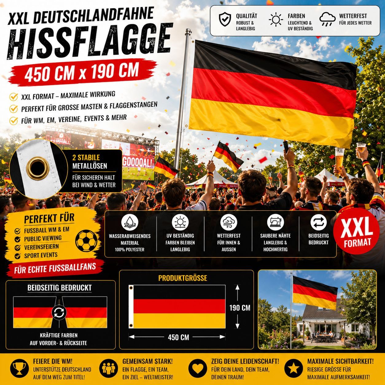Taffstyle Flagge Deutsche Fahne Hissflagge 2 Metallösen XXL Deutschland 450cm x 190cm (Große Deutschland Fahne mit Metallösen für WM EM und Public Viewing), Deutschlandfahne EM WM Fanartikel Flagge Basketball Handball Fussball