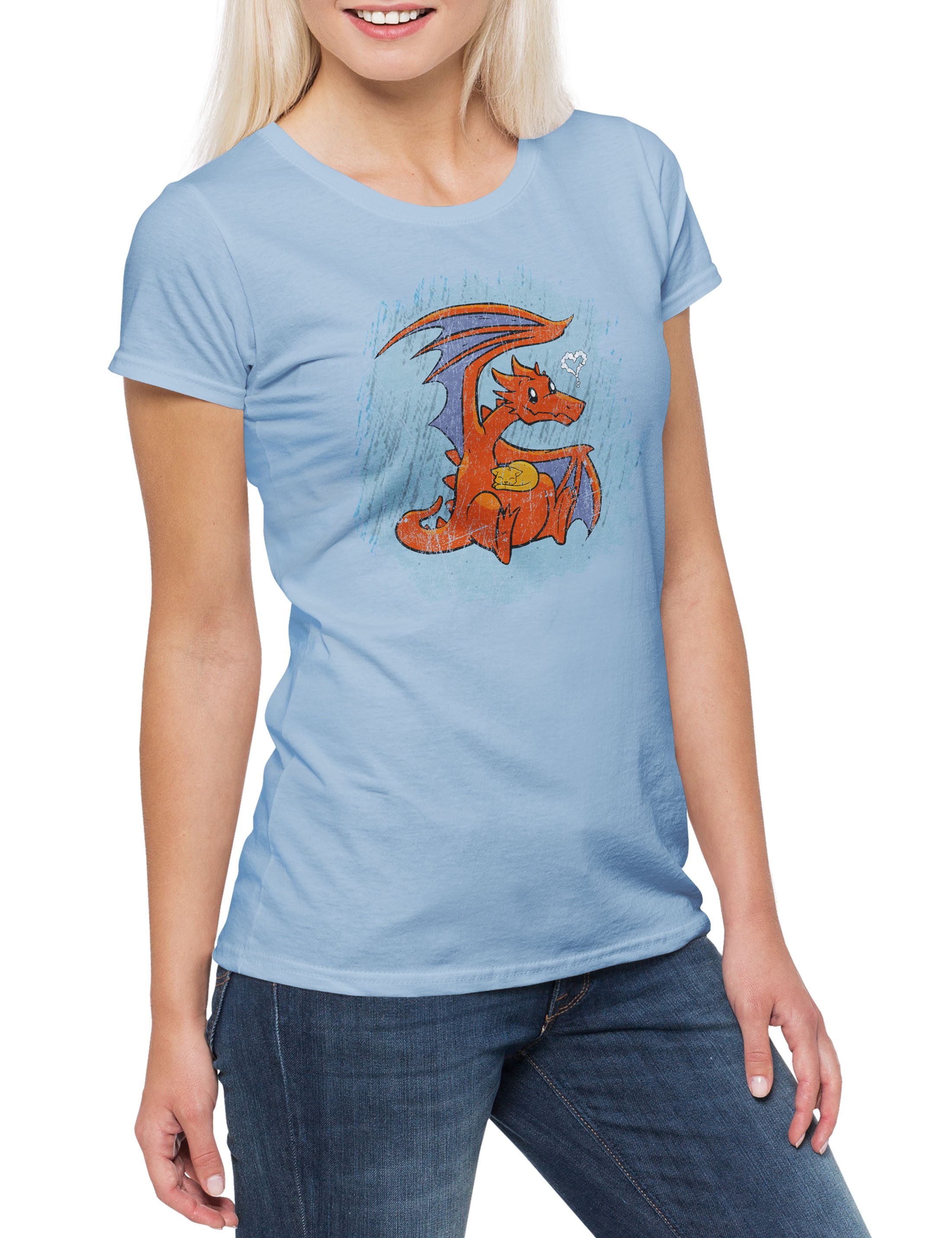 Urban Backwoods Print-Shirt Dragon Cat Love Damen T-Shirt Drache Drachen Ka günstig online kaufen
