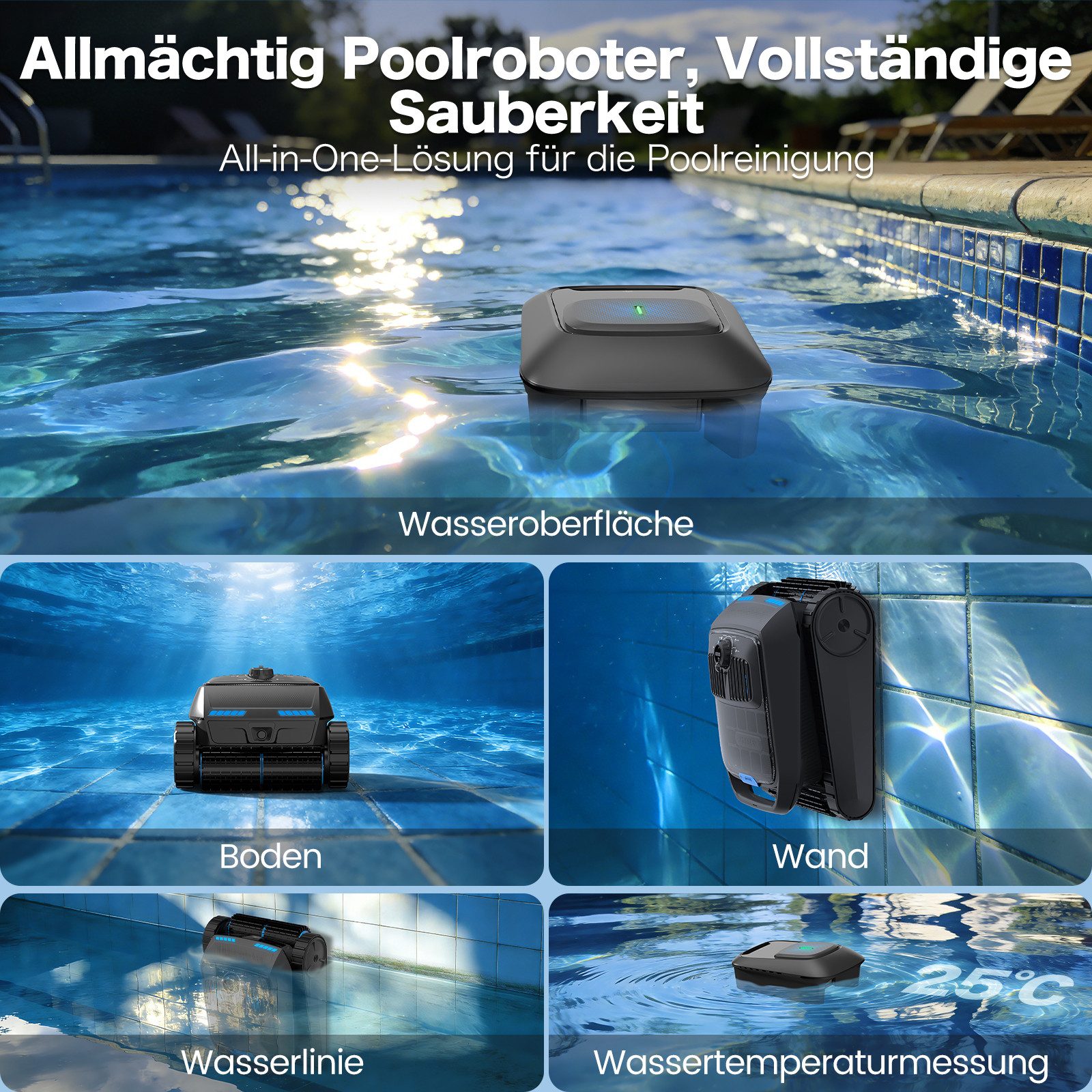 AIRROBO Poolroboter (2026Upgrade)kabelloser Poolroboter starker automatischer Poolreiniger, (Geeignet für die Reinigung von Böden, Wänden, Wasserlinie und Wasseroberflächen, Geeignet für die meisten Schwimmbäder), 4 Motoren,Die Komplettlösung für die Poolreinigung,Zwei Jahre Garantie