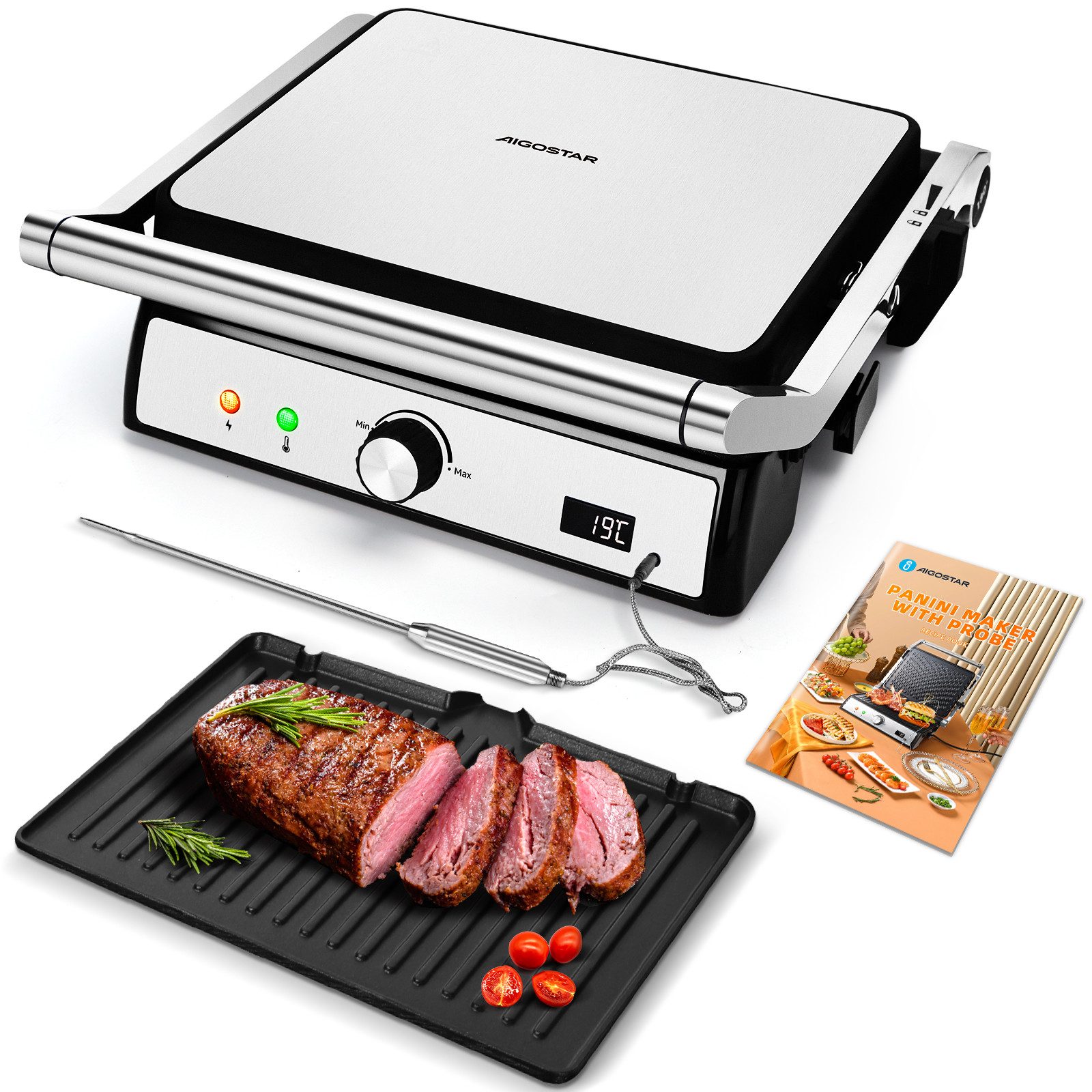 Aigostar Paninigrill Sandwichtoaster mit Lebensmittel-Sonde, Herausnehmbaren Platten, 2000 W, Automatischer Temperaturregelung, 180° Flach Aufklappbar