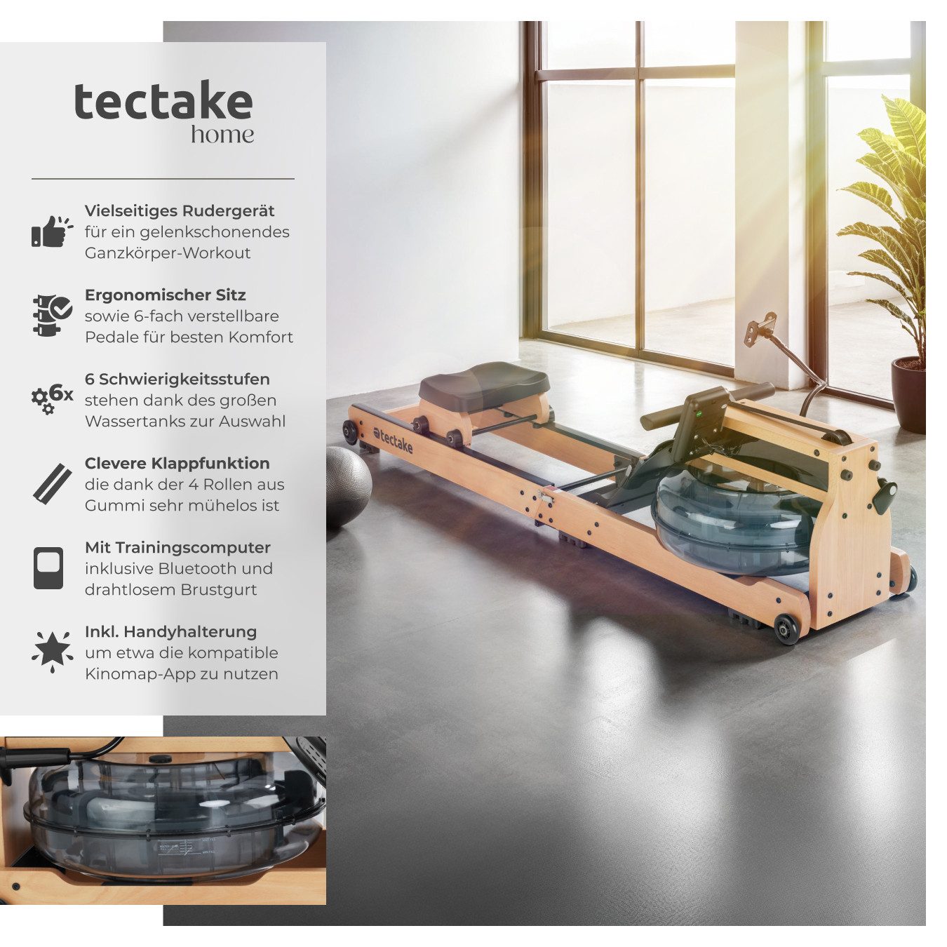tectake Rudergerät Holzrudergerät aus massiver Buche, klappbar, LCD, flex. Handyhalter (Wasserrudergerät Titan XR2, in braun/schwarz), Bluetooth, 6 Stufen, 150 kg, 6-fach-Pedale, Computer & Funk-Brustgurt