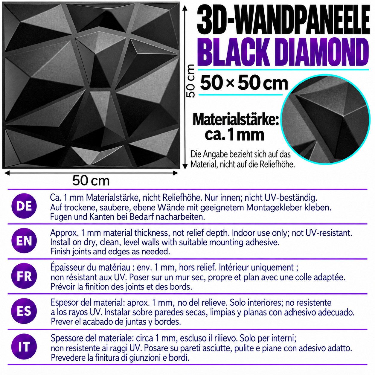 IKHEMalarka 3D Wandpaneel 3D Paneele PVC Kunststoffpaneele, BxL: 50,00x50,00 cm, 0,25 qm, (1 Stück, 3D Wandpaneele Deckenpaneele) hochwertige & harte PVC 3D Pla – Bild 3 von 5